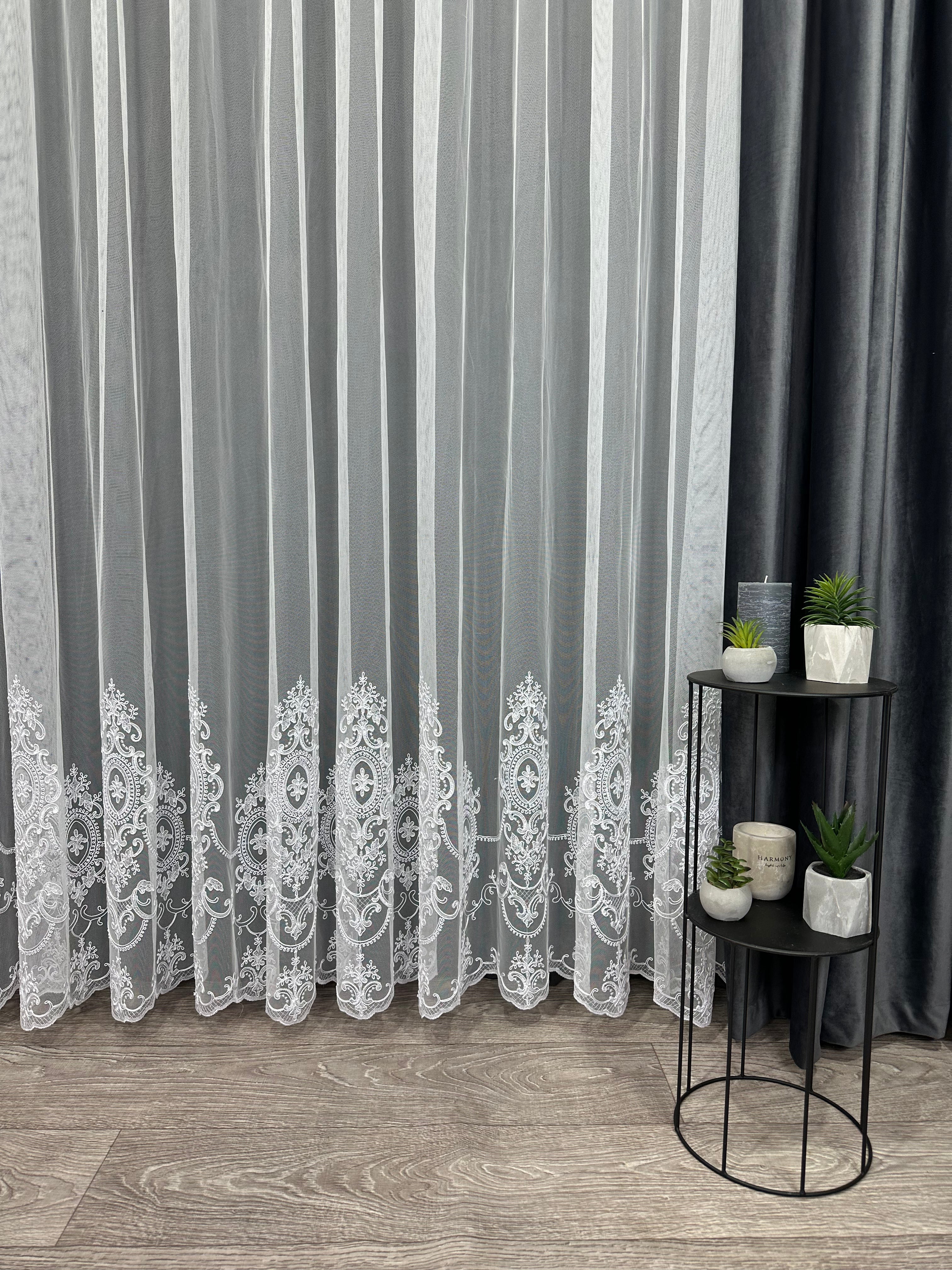 Sheer curtain based on tulle with embroidery on the bottom, white color