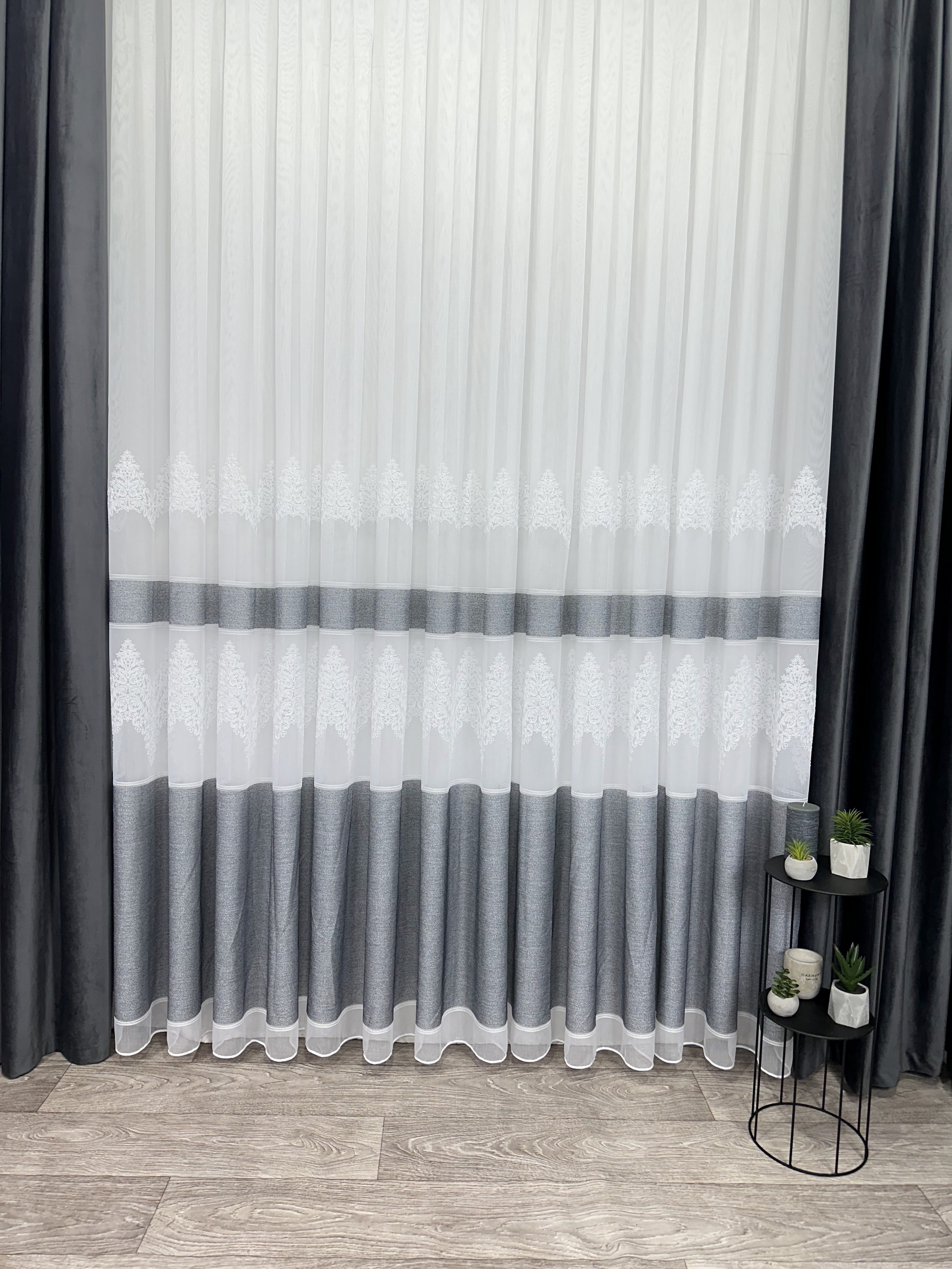 Bamboo-based tulle with chenille embroidery, dark gray color