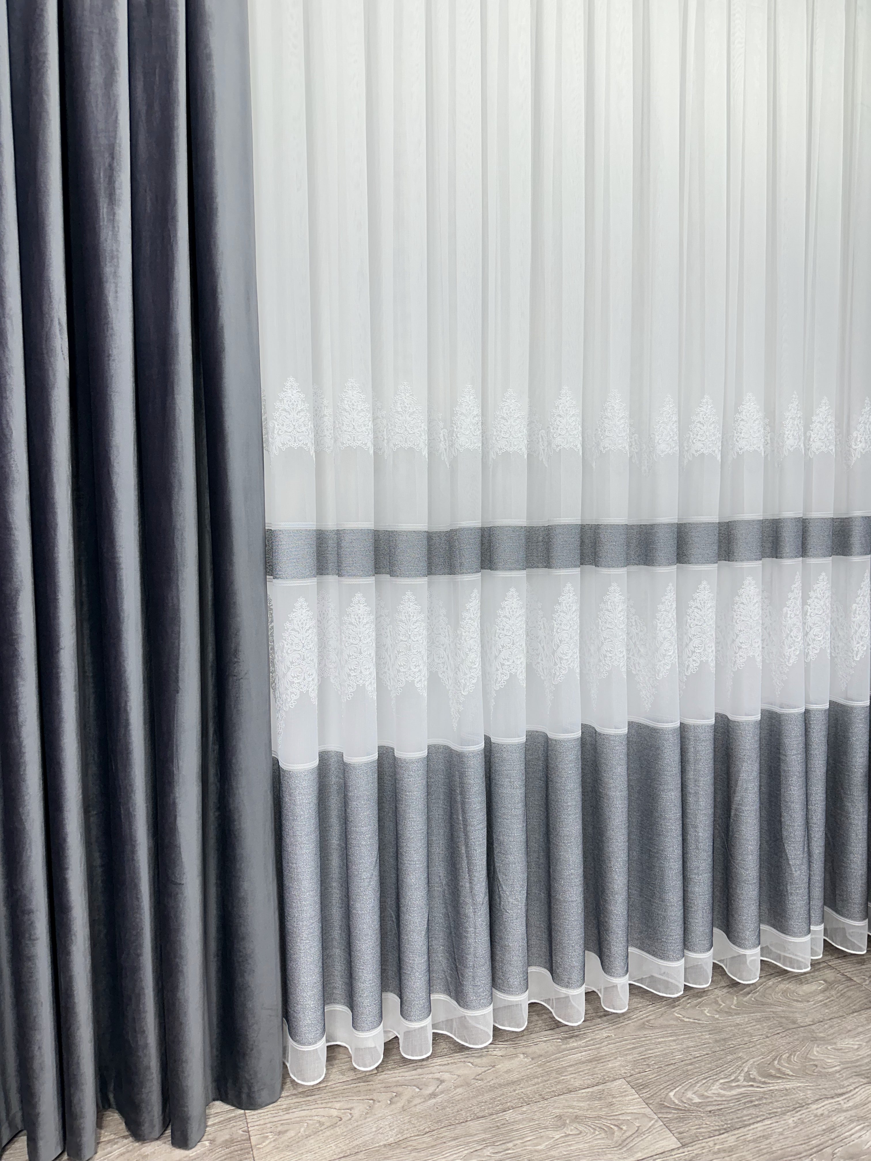 Bamboo-based tulle with chenille embroidery, dark gray color