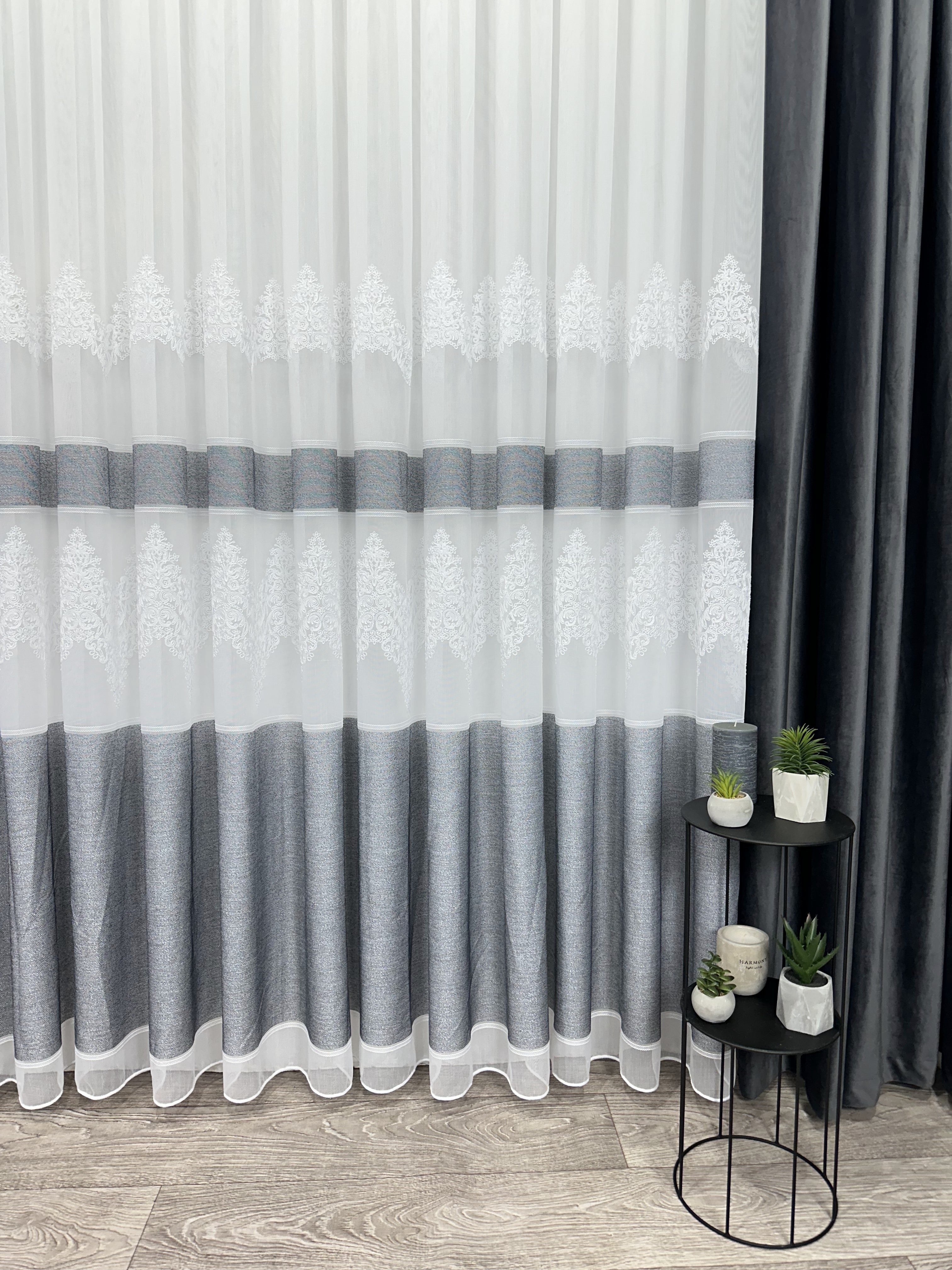 Bamboo-based tulle with chenille embroidery, dark gray color