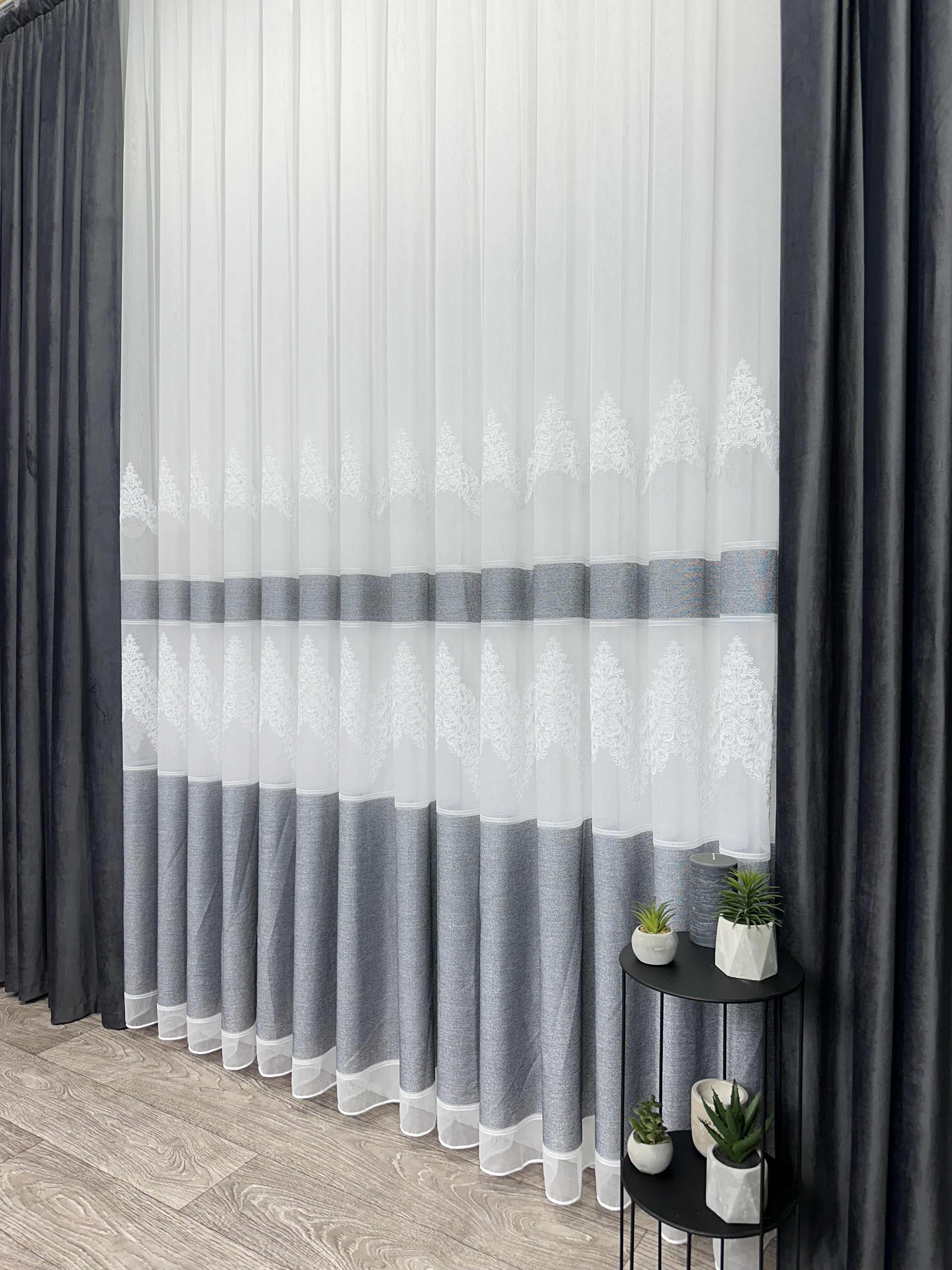 Bamboo-based tulle with chenille embroidery, dark gray color