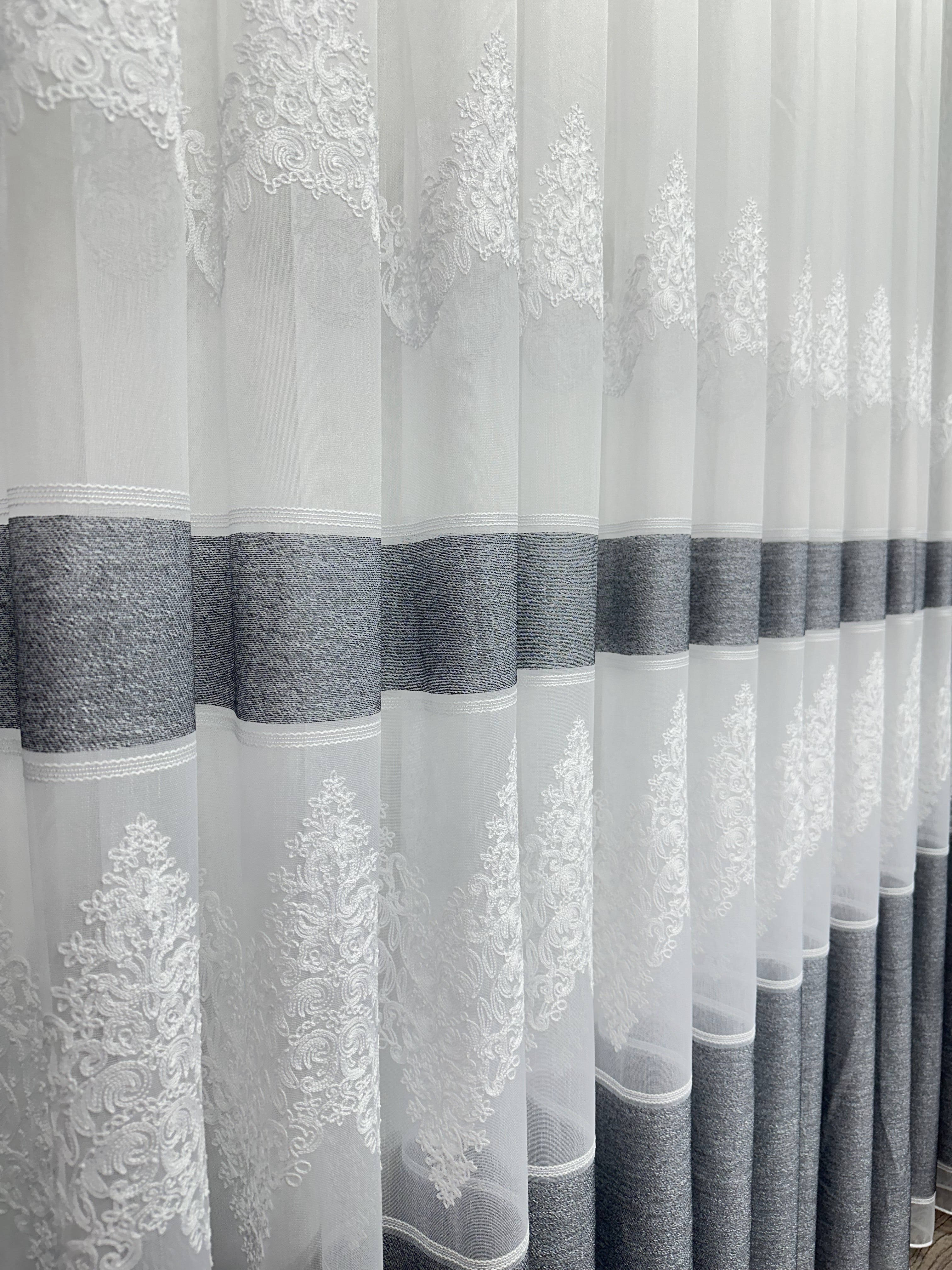 Bamboo-based tulle with chenille embroidery, dark gray color