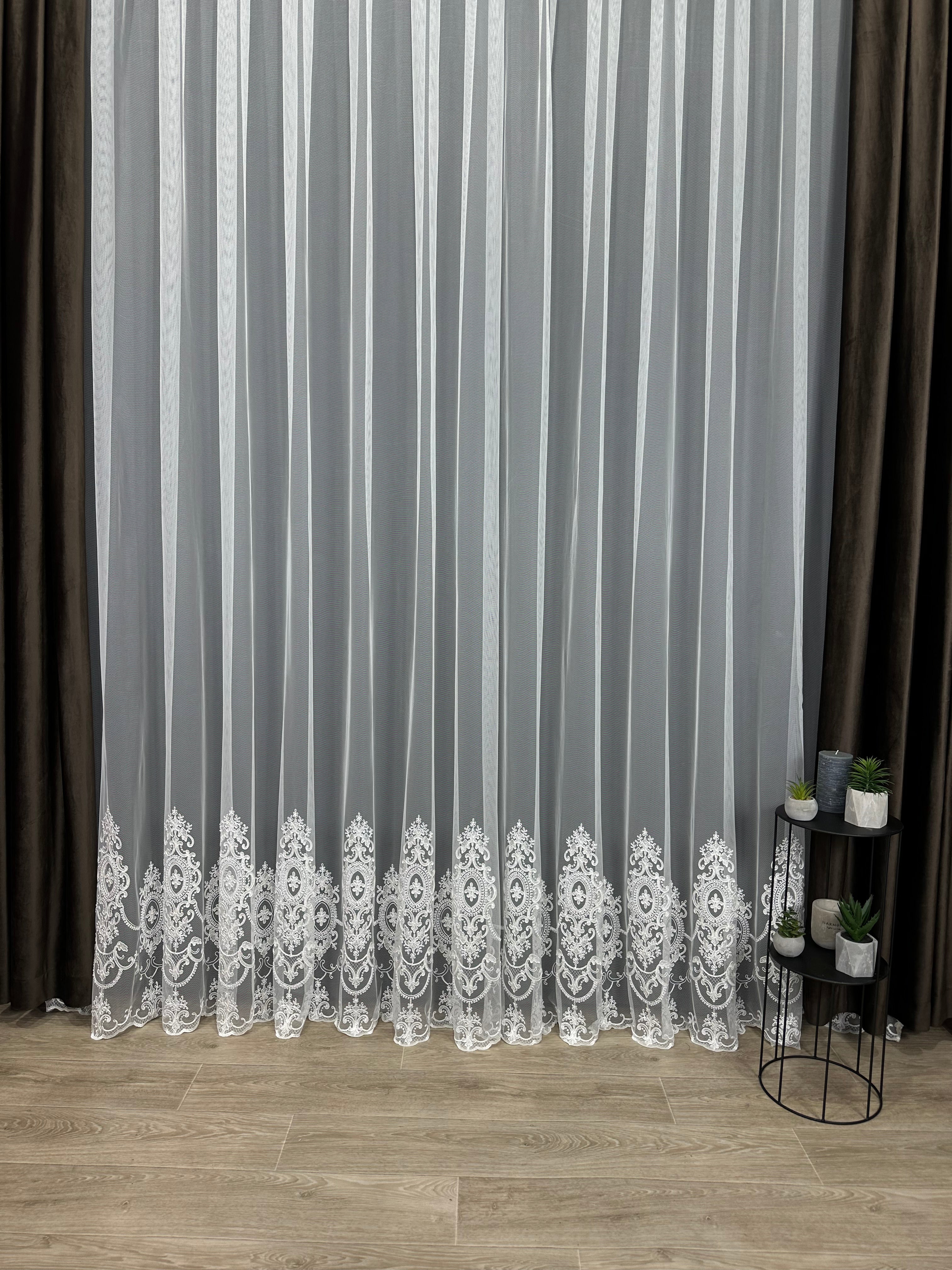 Sheer curtain based on tulle with embroidery on the bottom, milk color