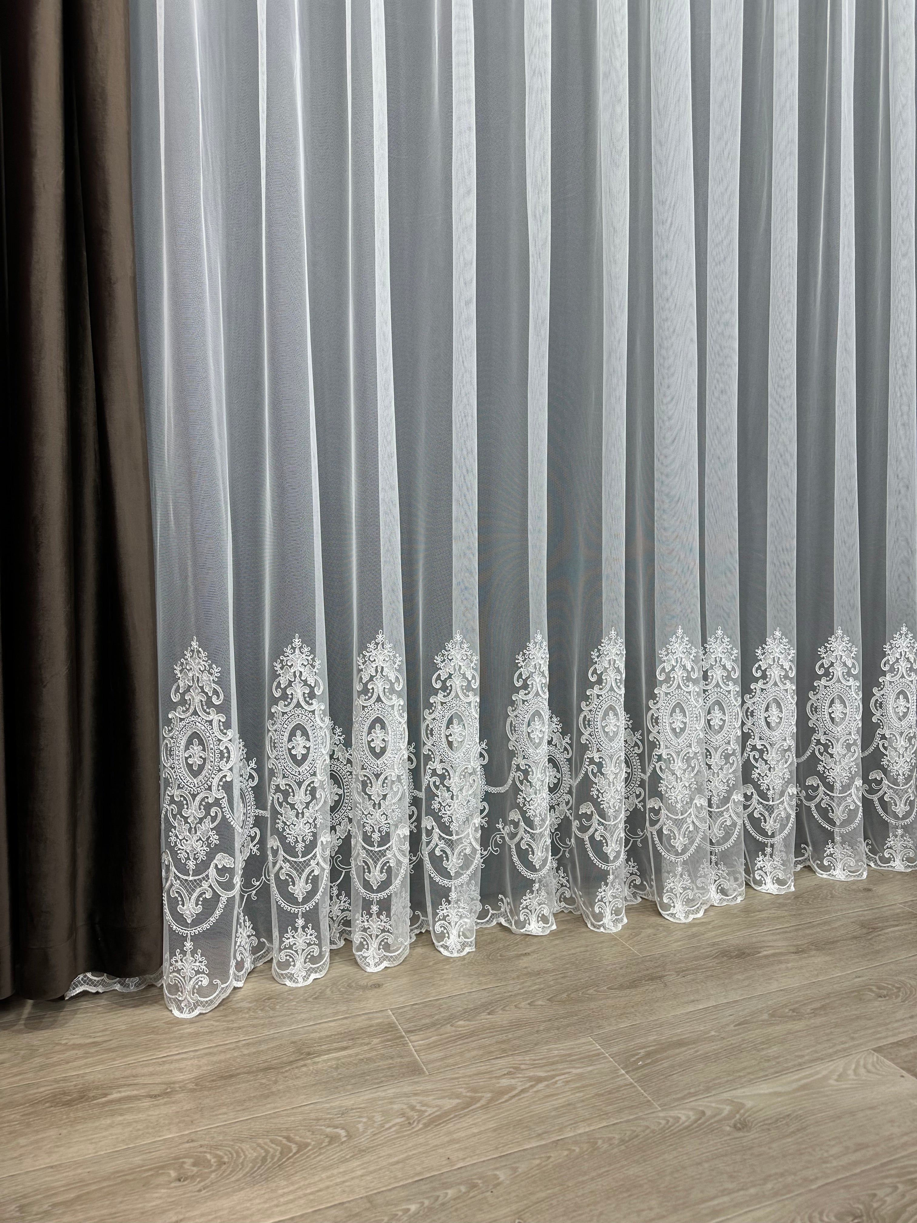 Sheer curtain based on tulle with embroidery on the bottom, milk color