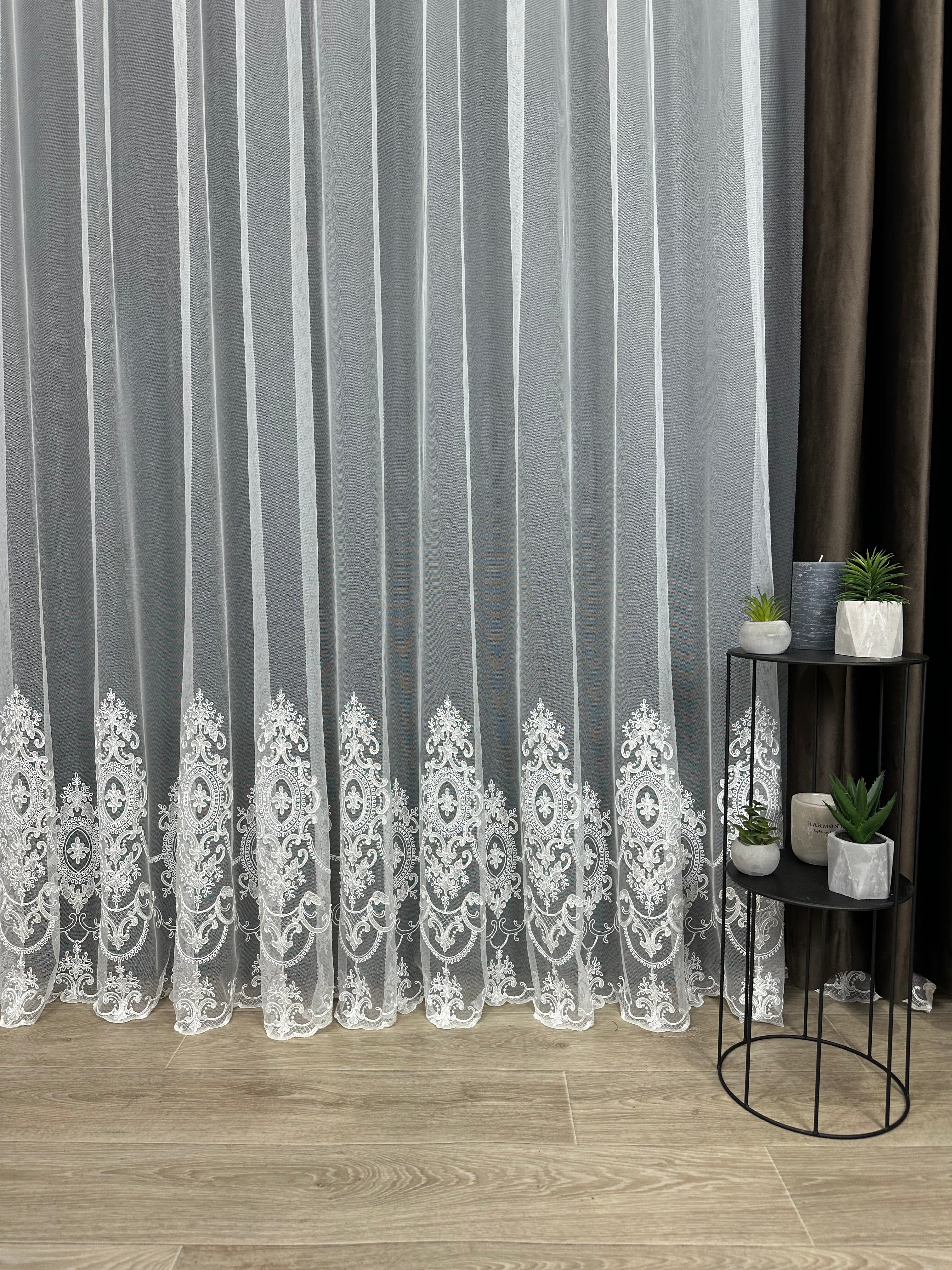 Sheer curtain based on tulle with embroidery on the bottom, milk color
