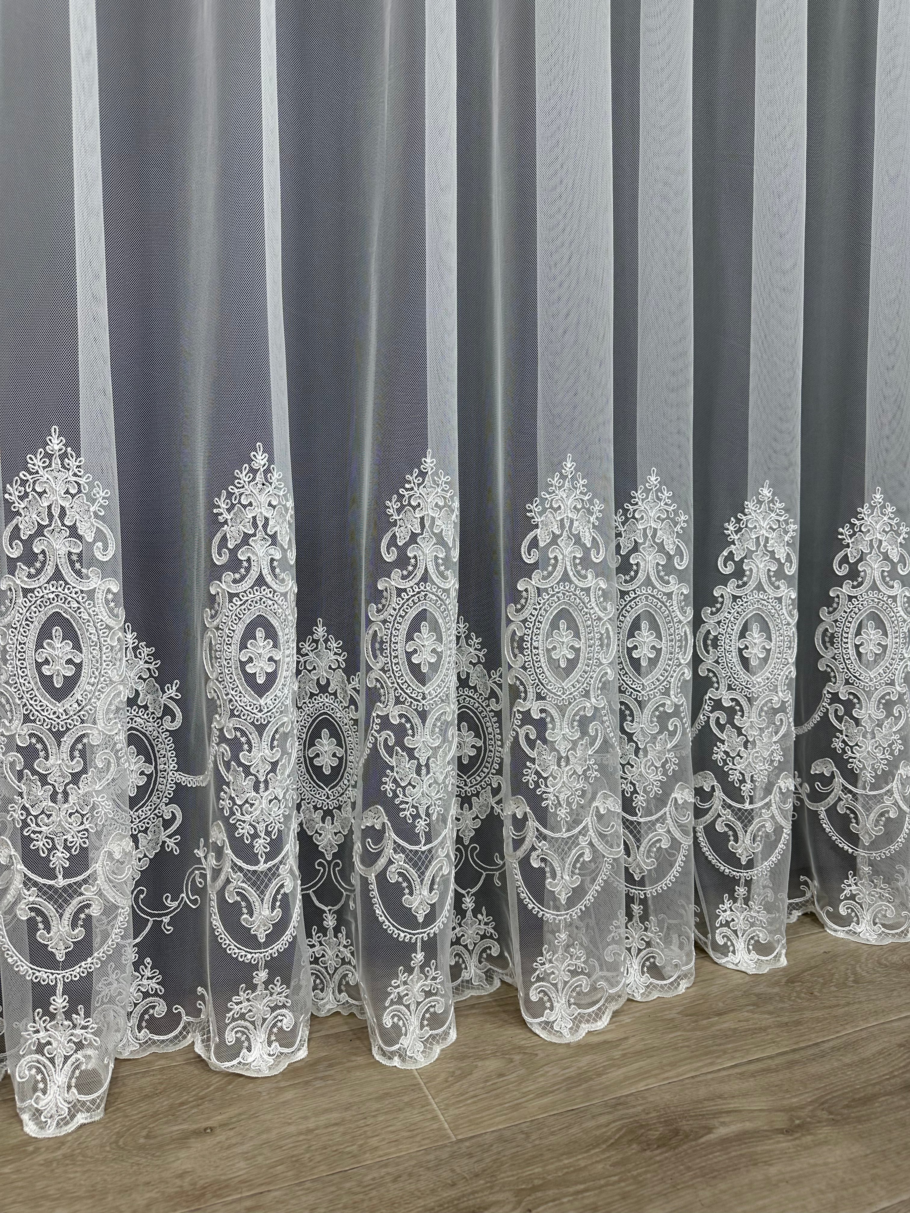 Sheer curtain based on tulle with embroidery on the bottom, milk color