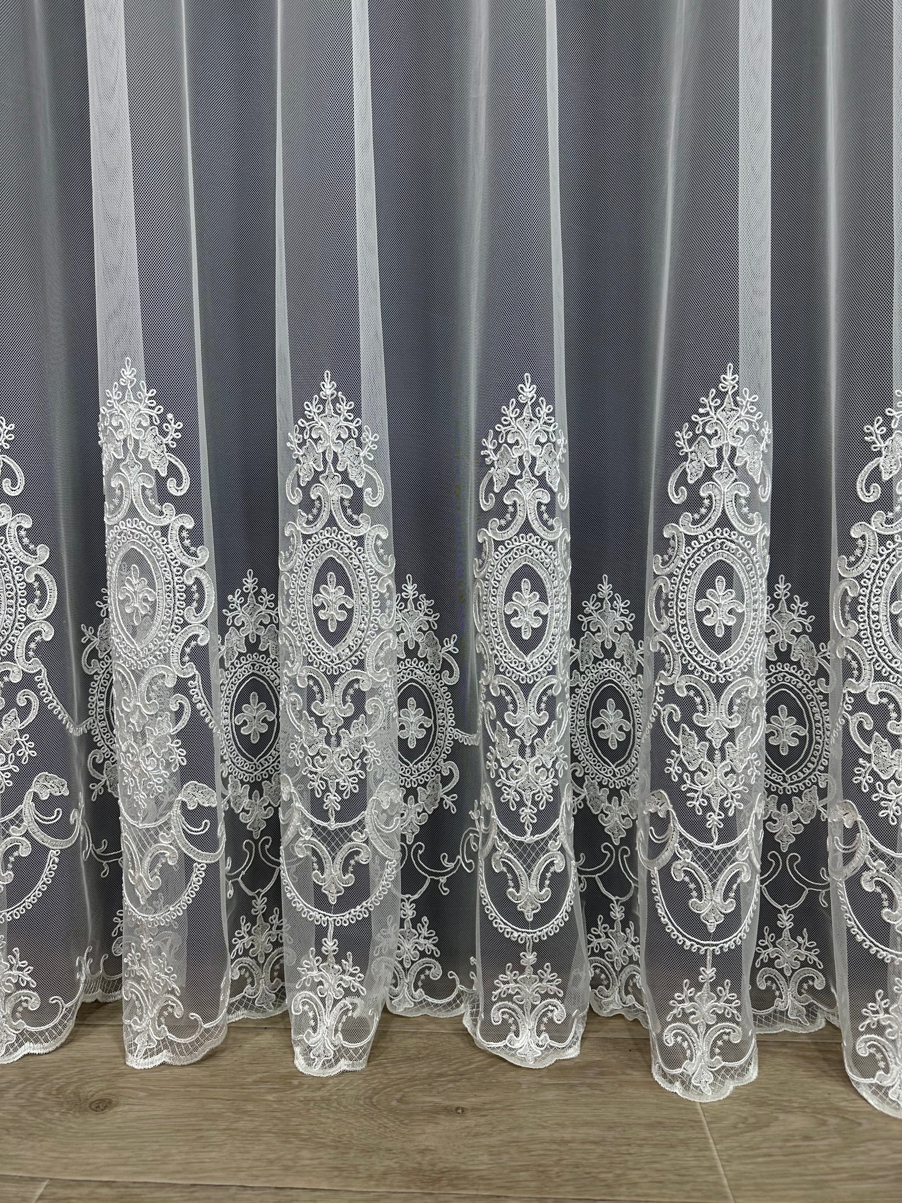 Sheer curtain based on tulle with embroidery on the bottom, milk color