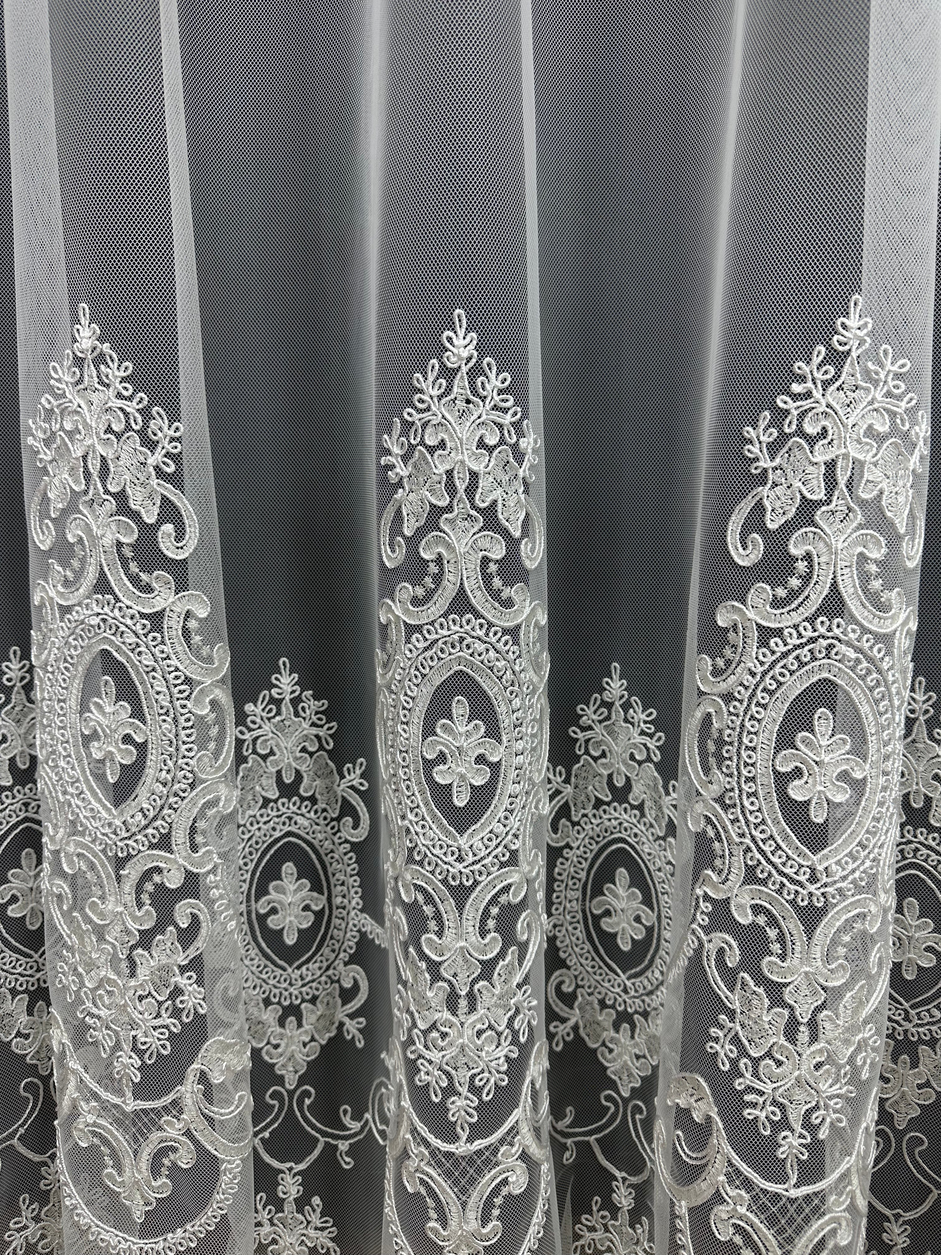 Sheer curtain based on tulle with embroidery on the bottom, milk color