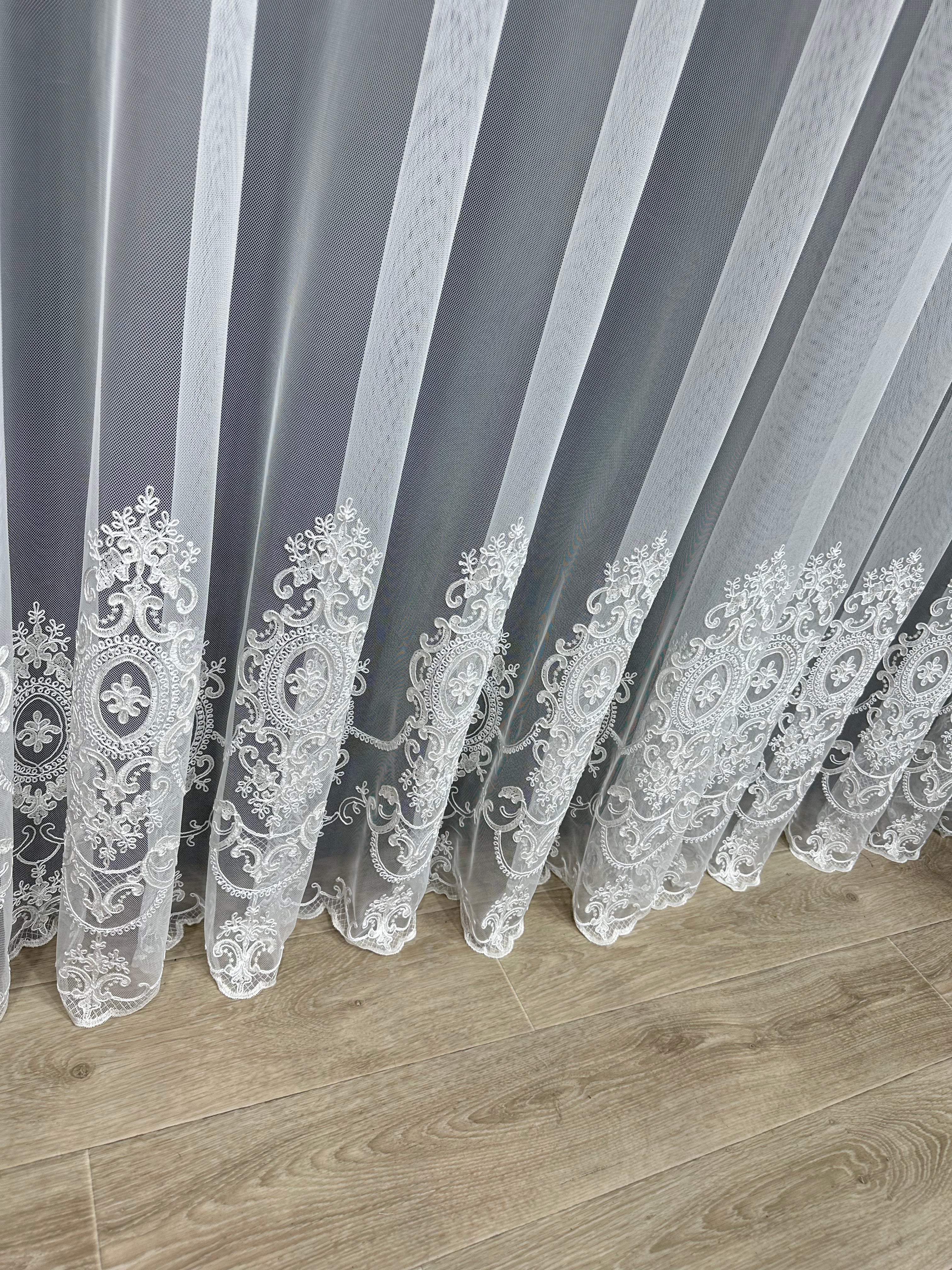 Sheer curtain based on tulle with embroidery on the bottom, milk color