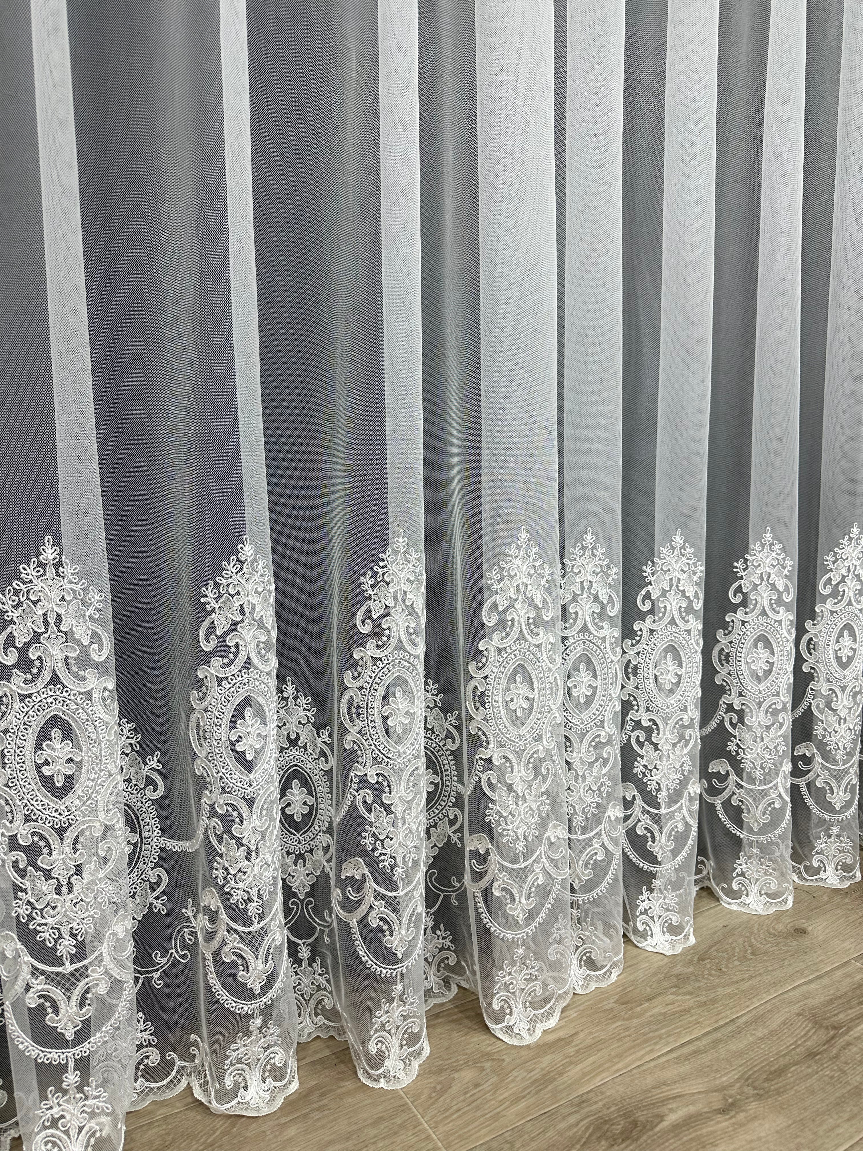 Sheer curtain based on tulle with embroidery on the bottom, milk color