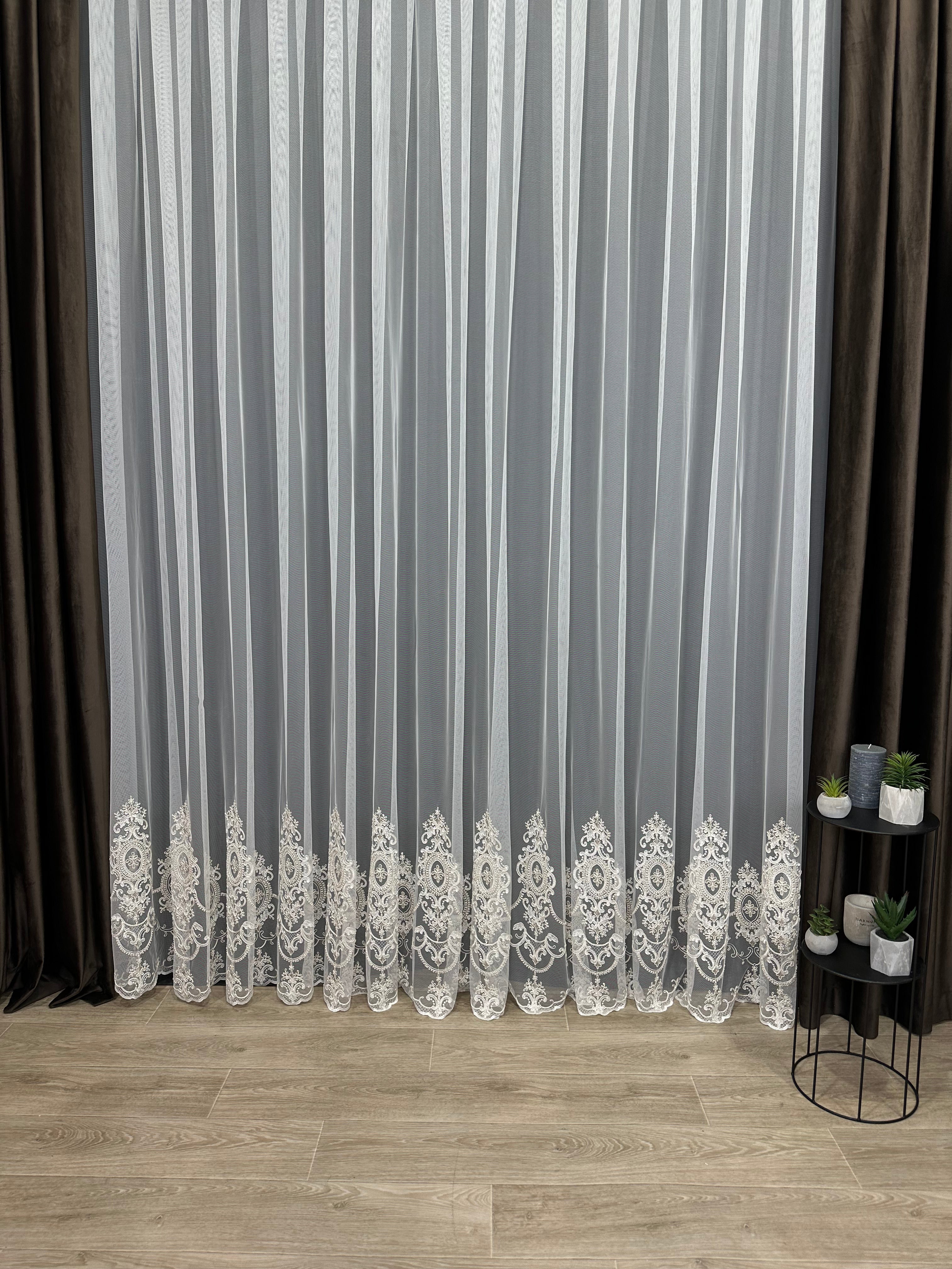 Sheer curtain based on tulle with embroidery on the bottom, milk with gold color