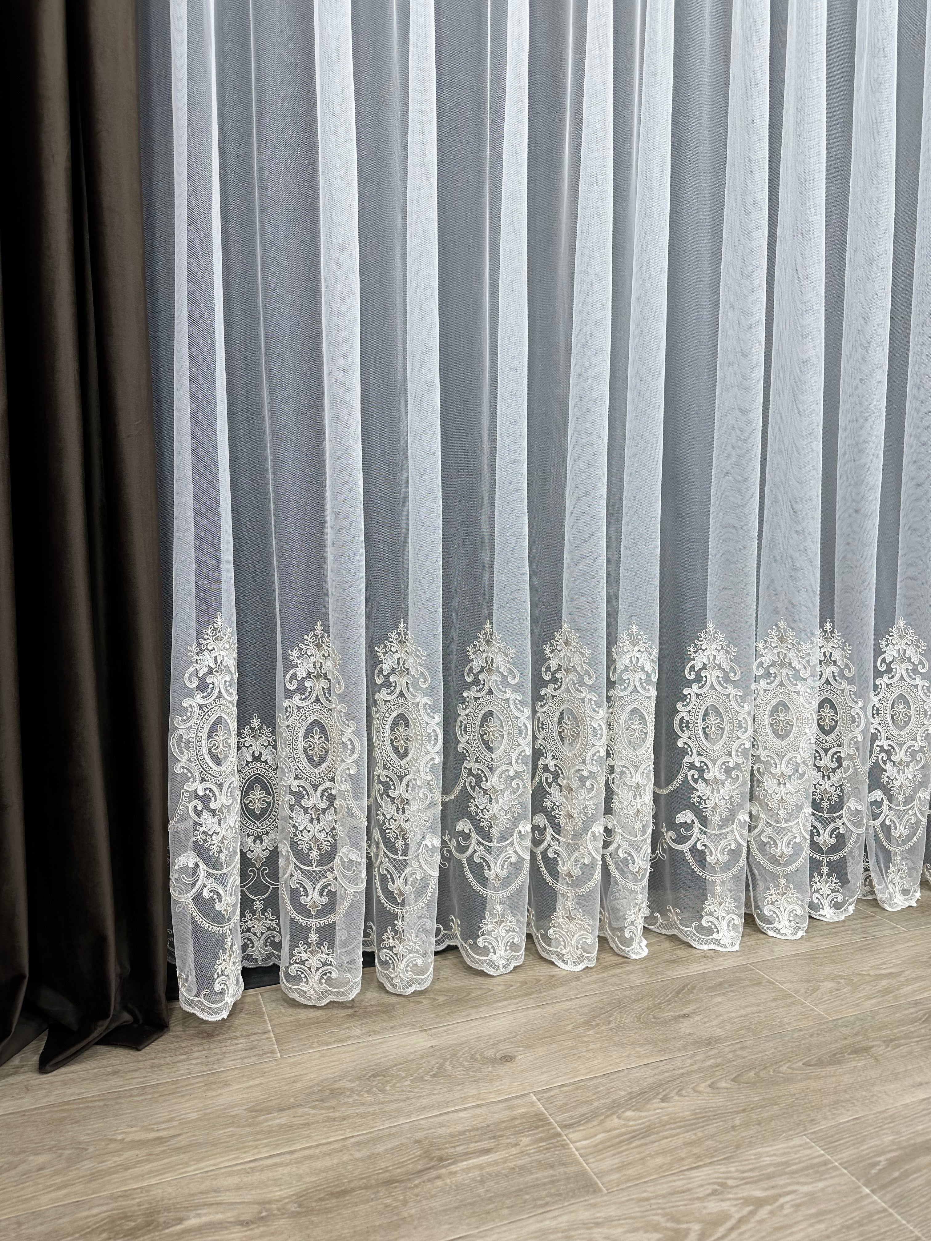 Sheer curtain based on tulle with embroidery on the bottom, milk with gold color