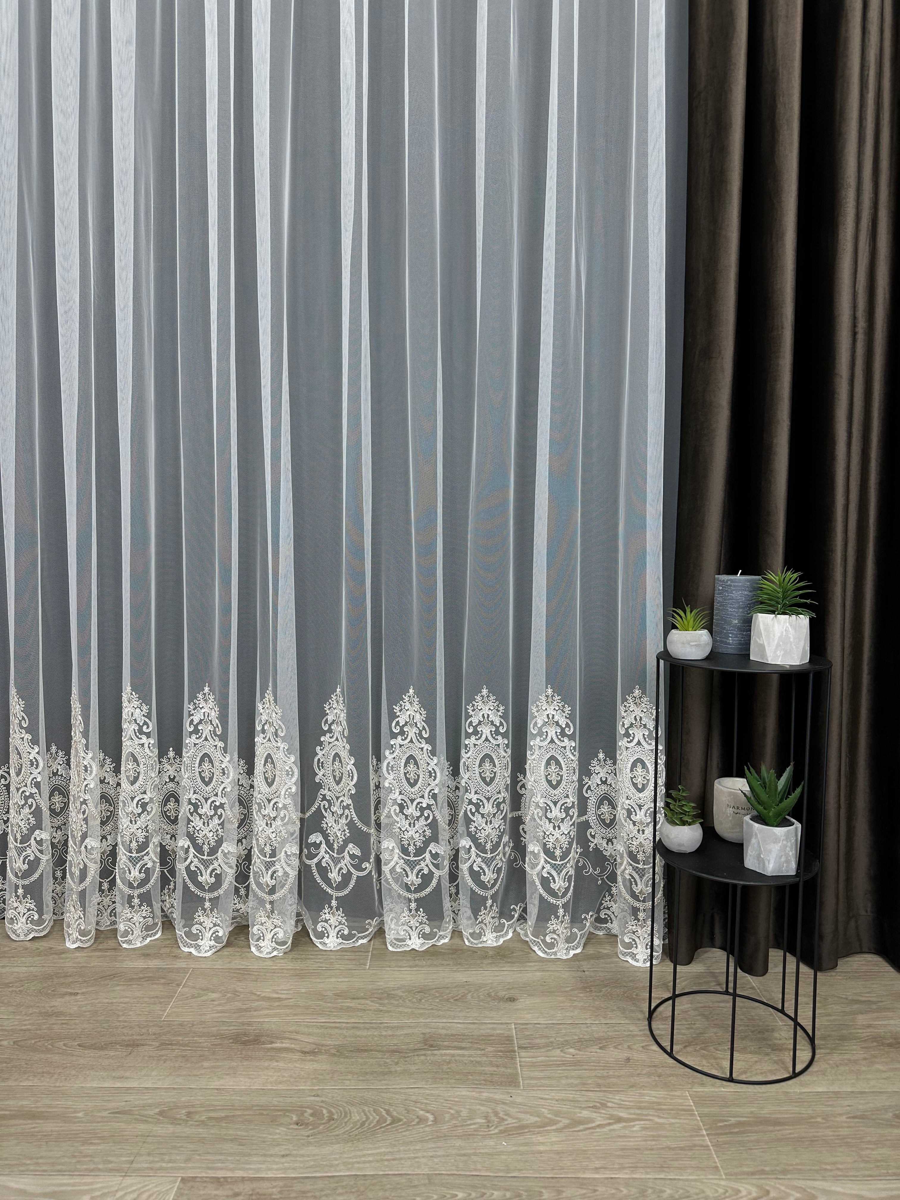 Sheer curtain based on tulle with embroidery on the bottom, milk with gold color