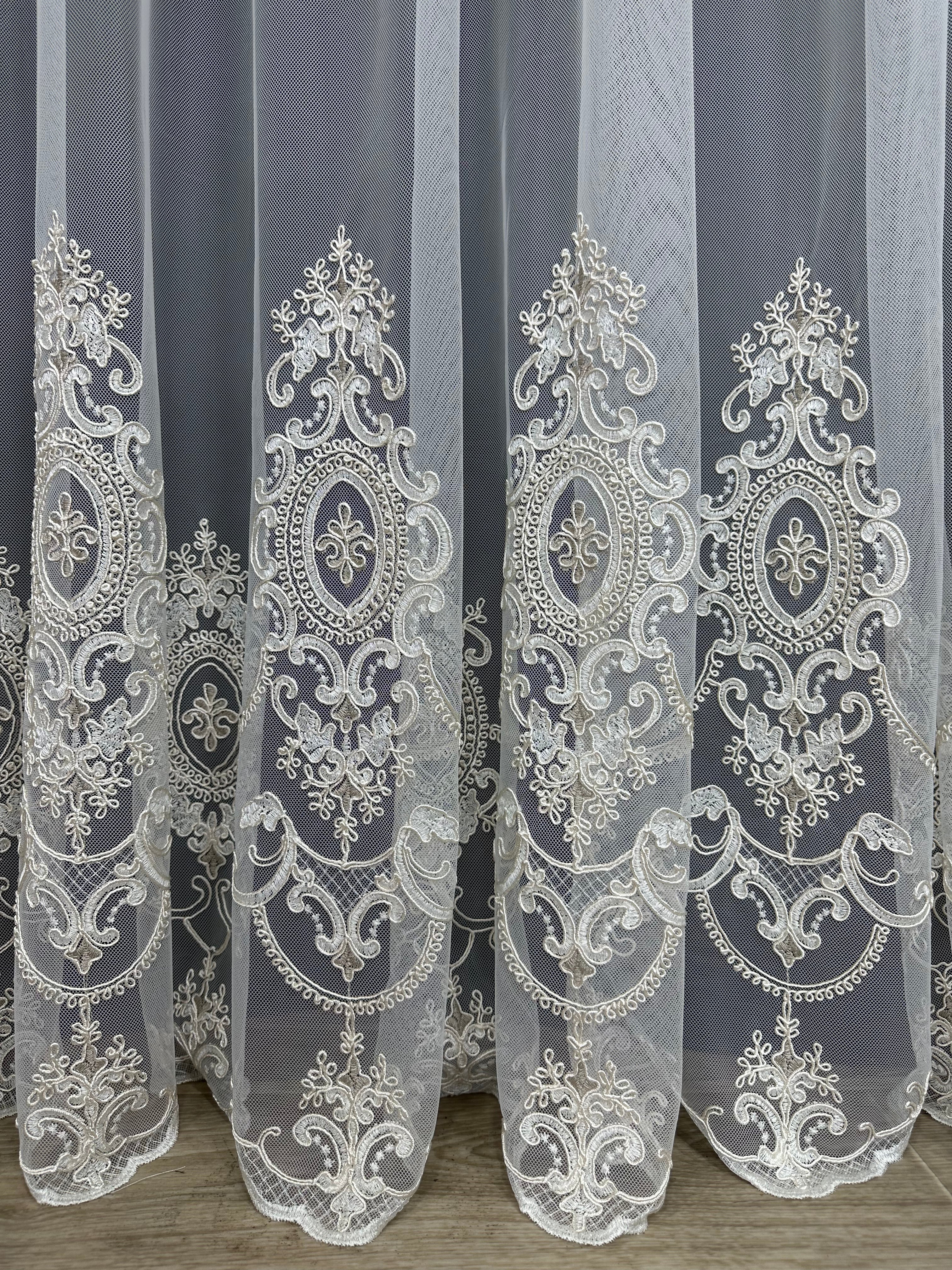 Sheer curtain based on tulle with embroidery on the bottom, milk with gold color