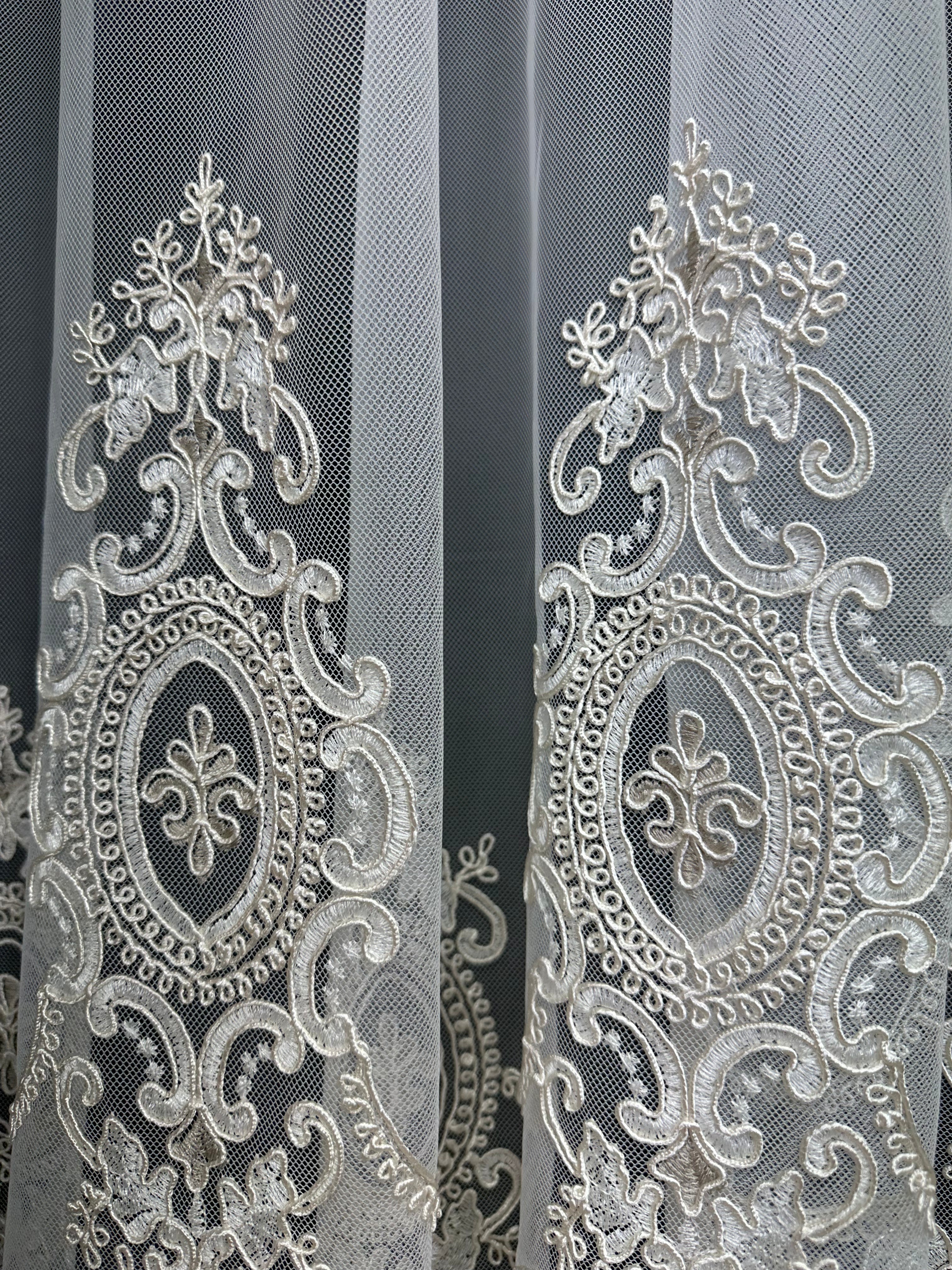 Sheer curtain based on tulle with embroidery on the bottom, milk with gold color