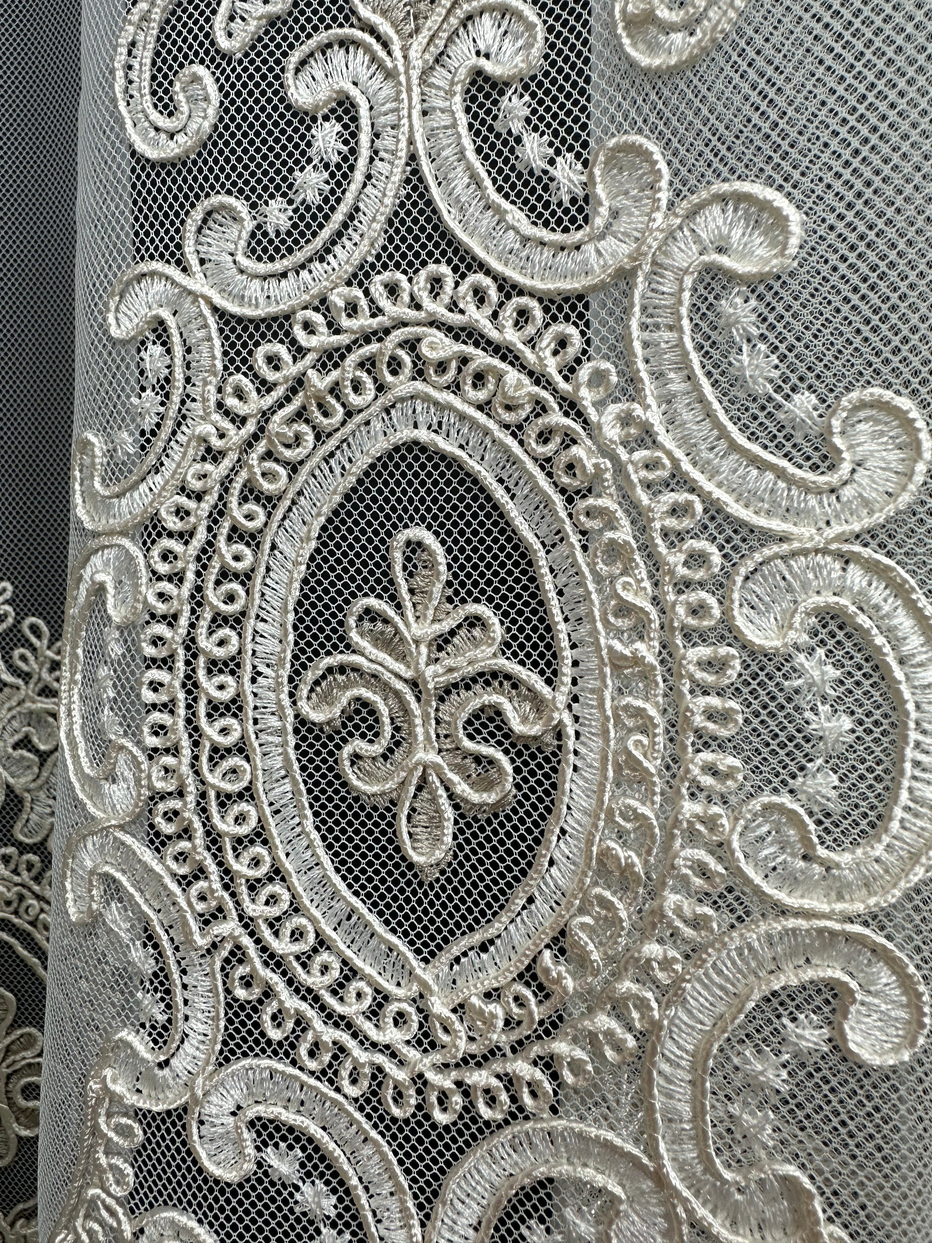 Sheer curtain based on tulle with embroidery on the bottom, milk with gold color