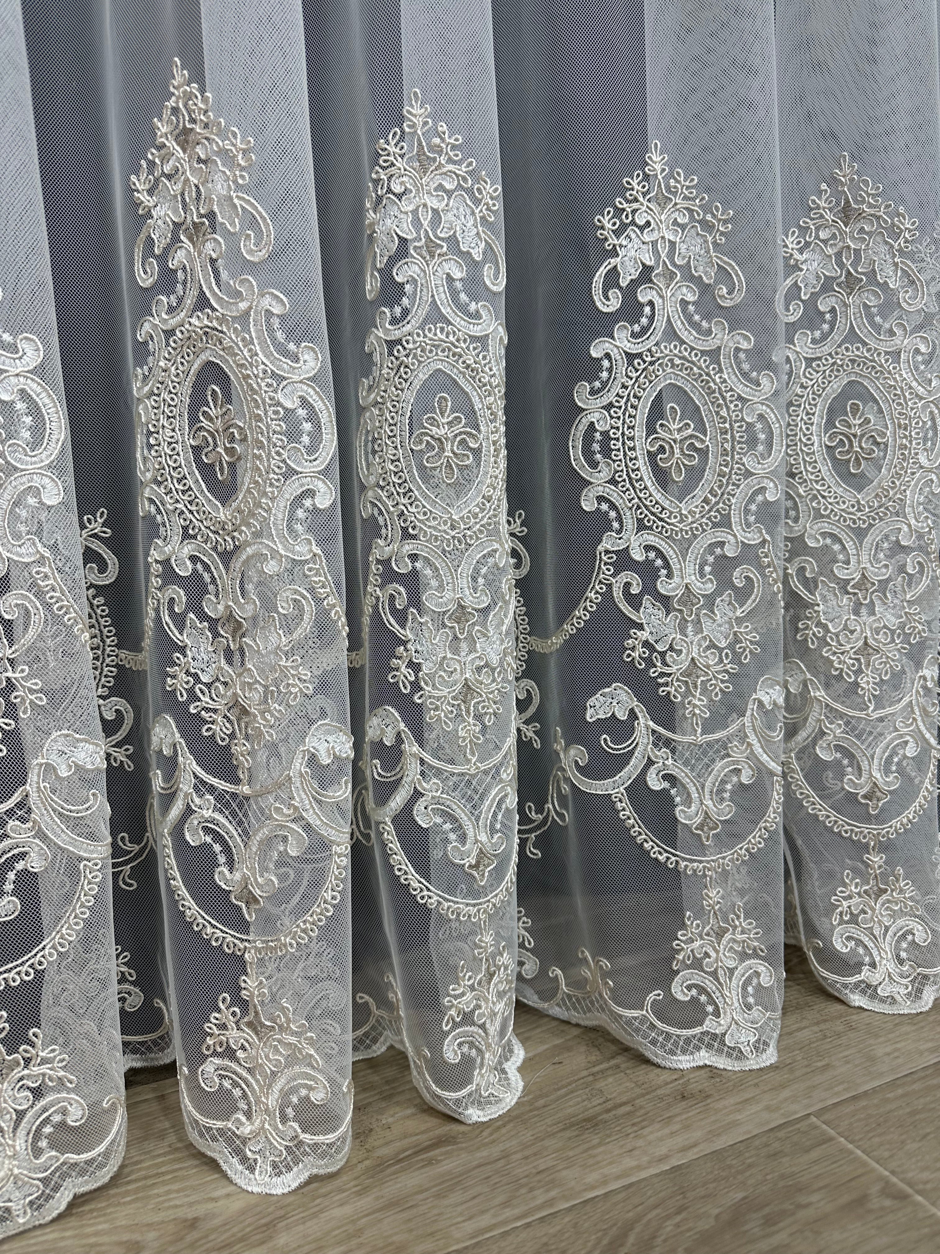 Sheer curtain based on tulle with embroidery on the bottom, milk with gold color