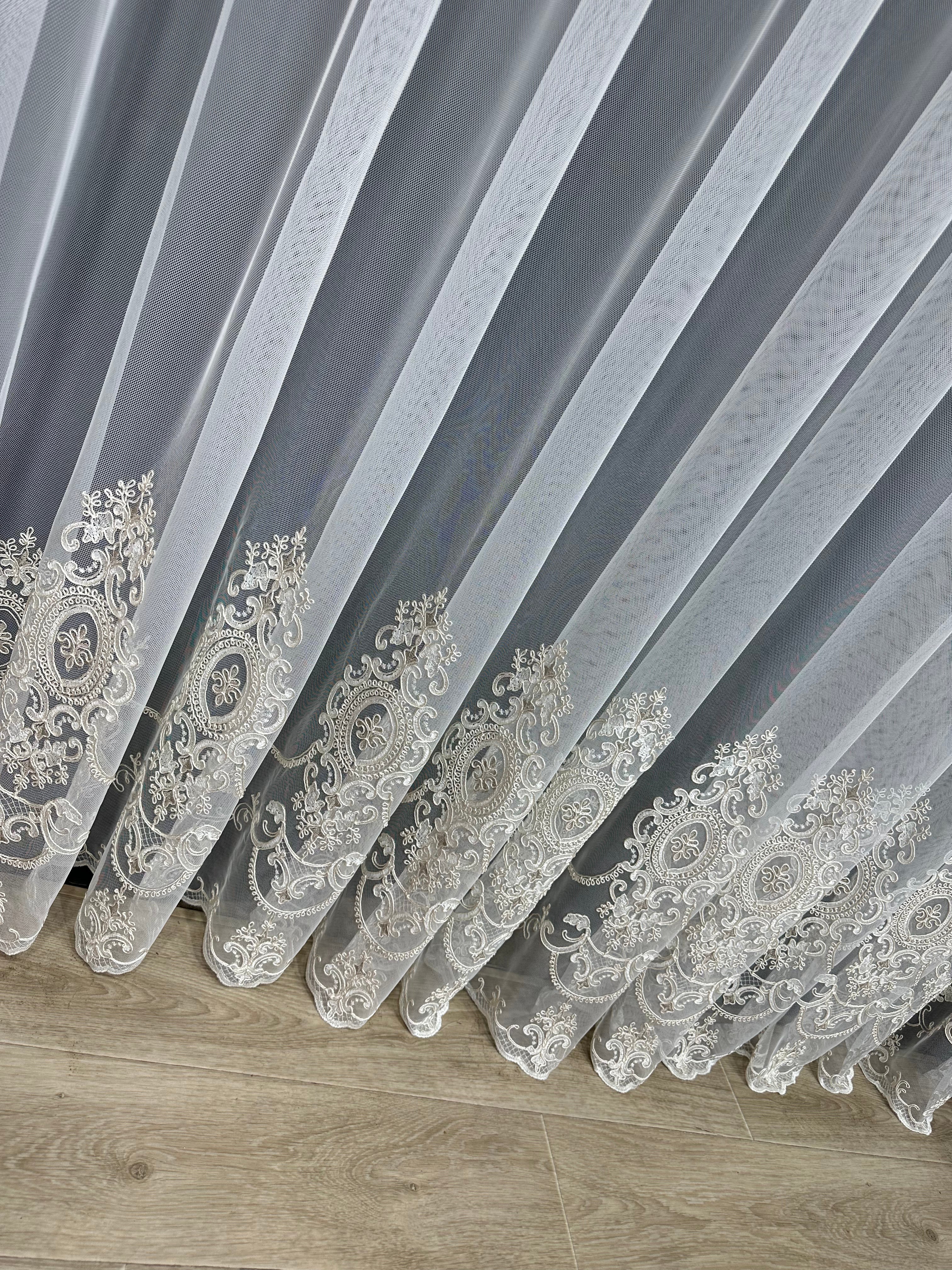 Sheer curtain based on tulle with embroidery on the bottom, milk with gold color