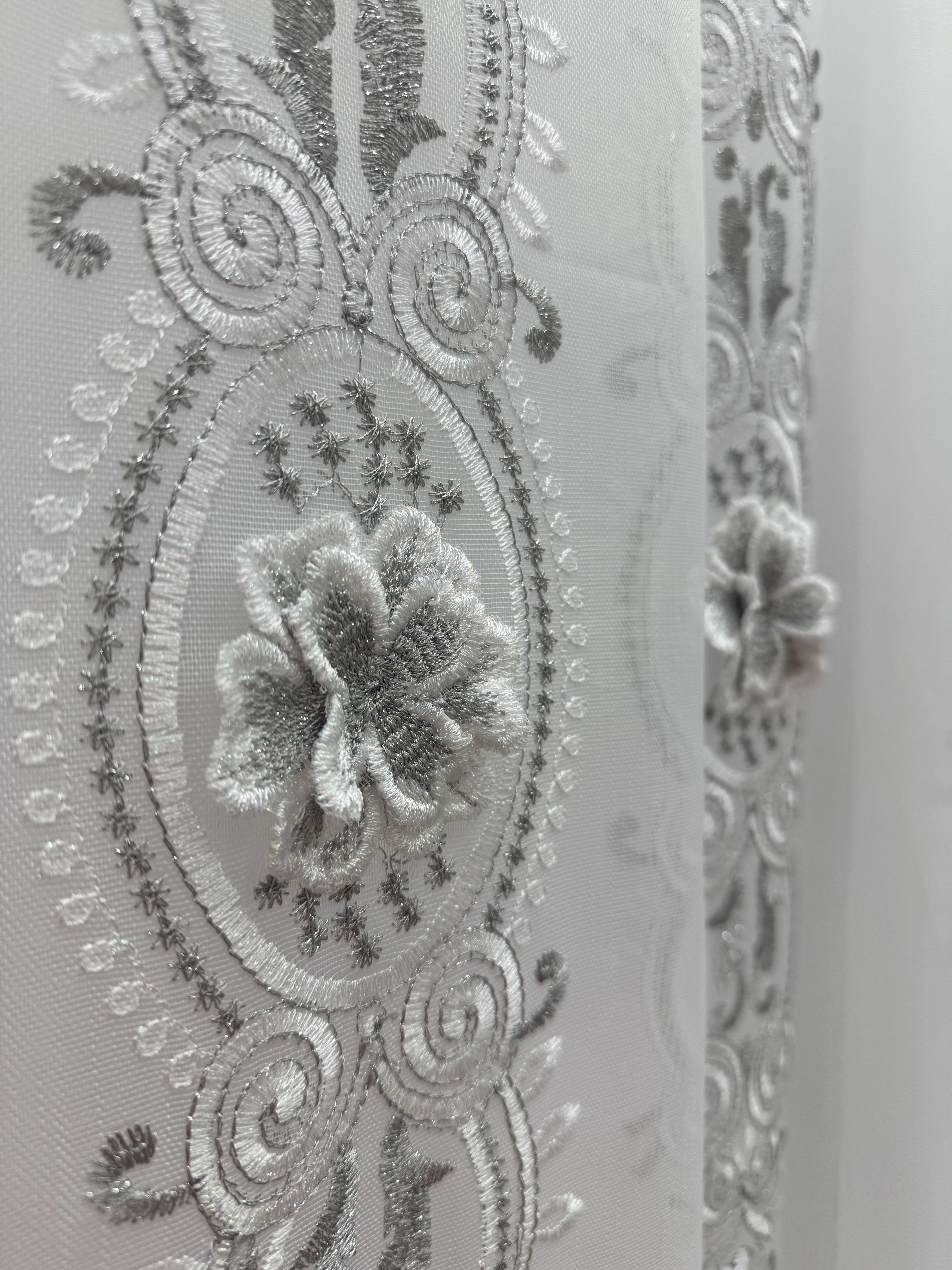 Bamboo-based tulle with 3D flowers and beautiful embroidery, gray color