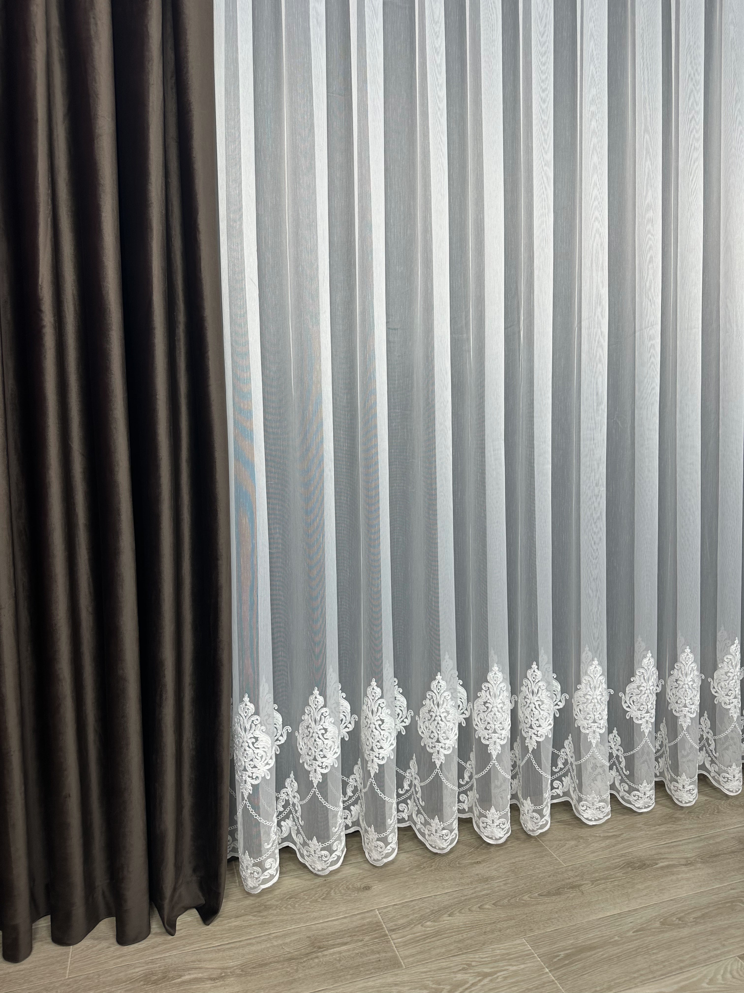 Sheer curtain with chenille embroidery on the bottom , milk color