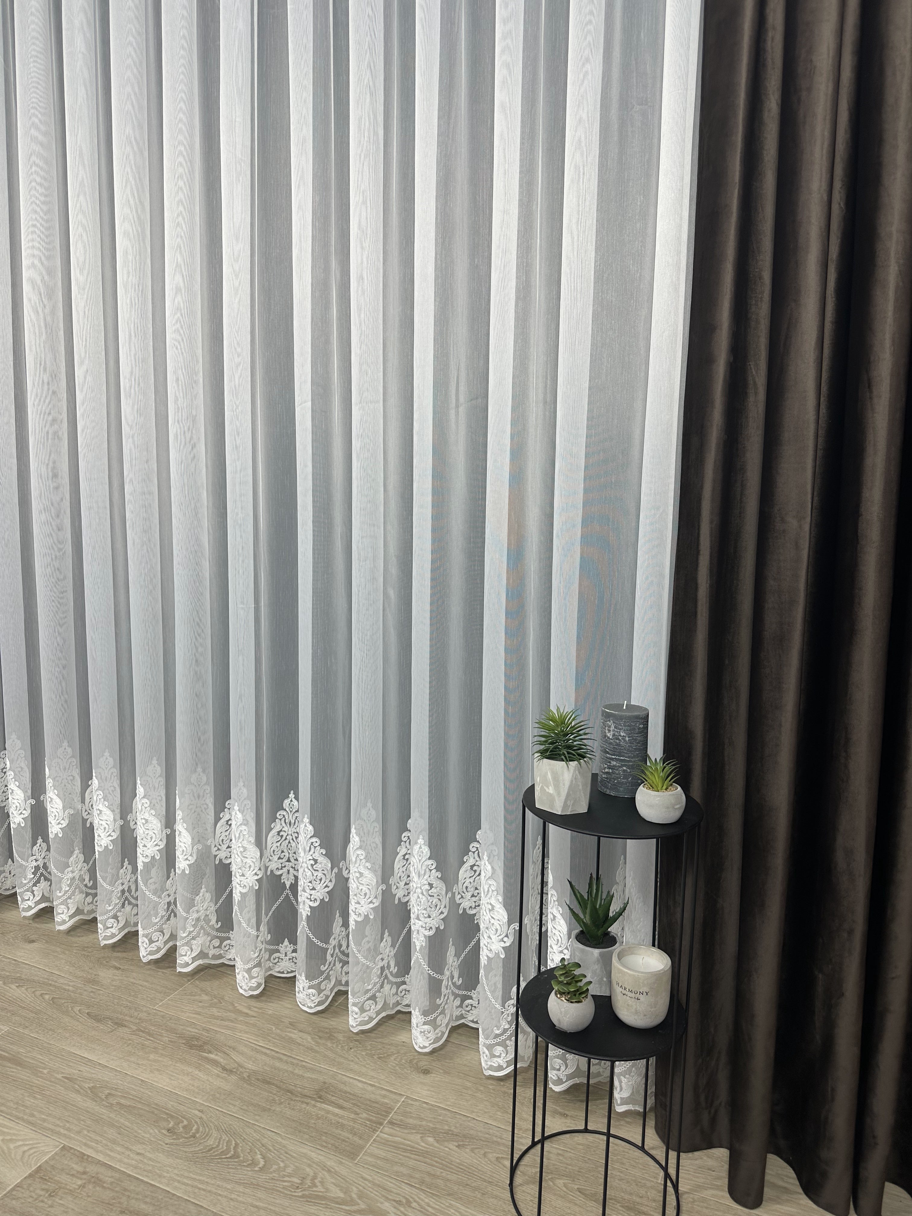 Sheer curtain with chenille embroidery on the bottom , milk color