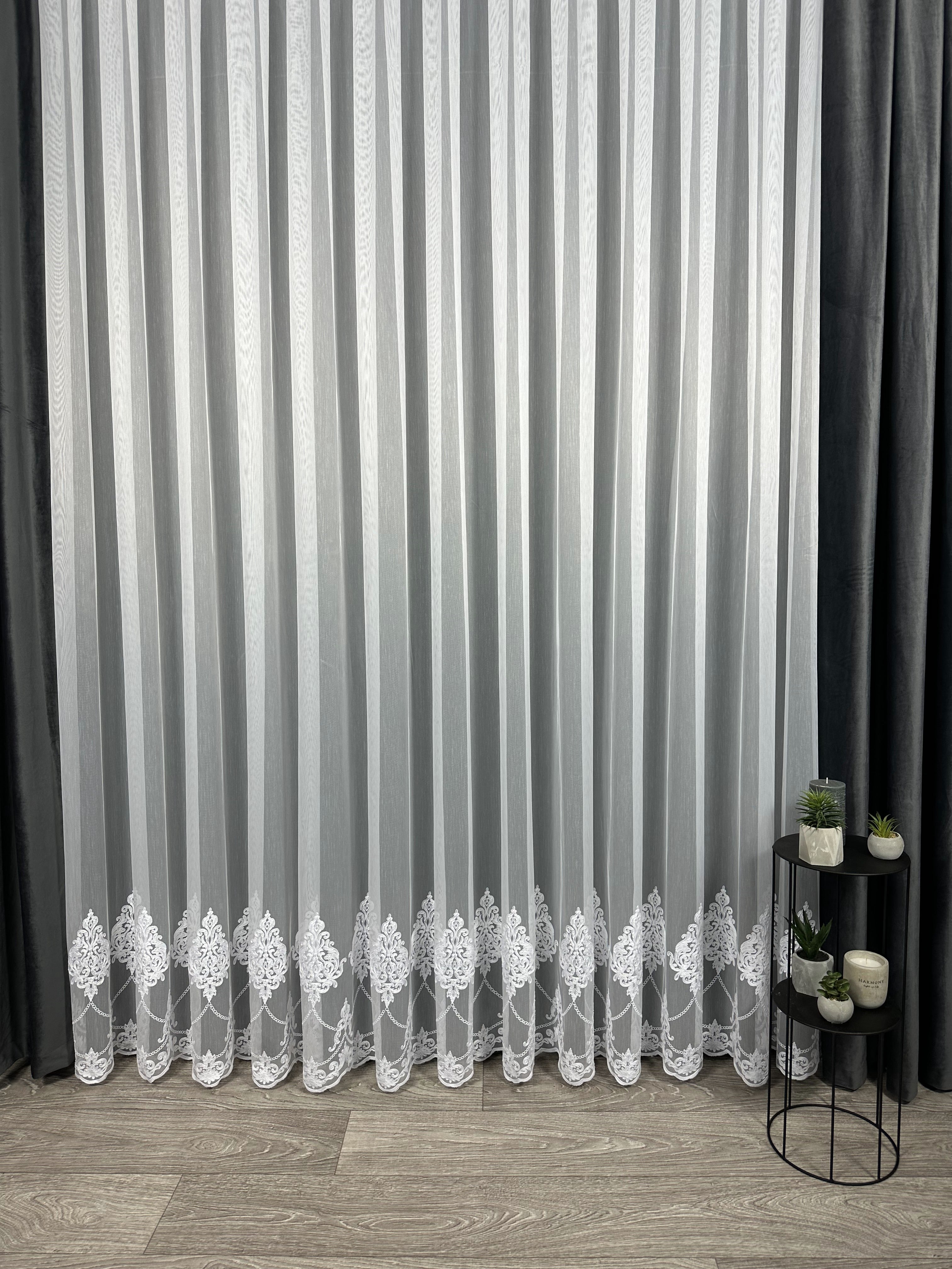 Sheer curtain with chenille embroidery on the bottom , white color