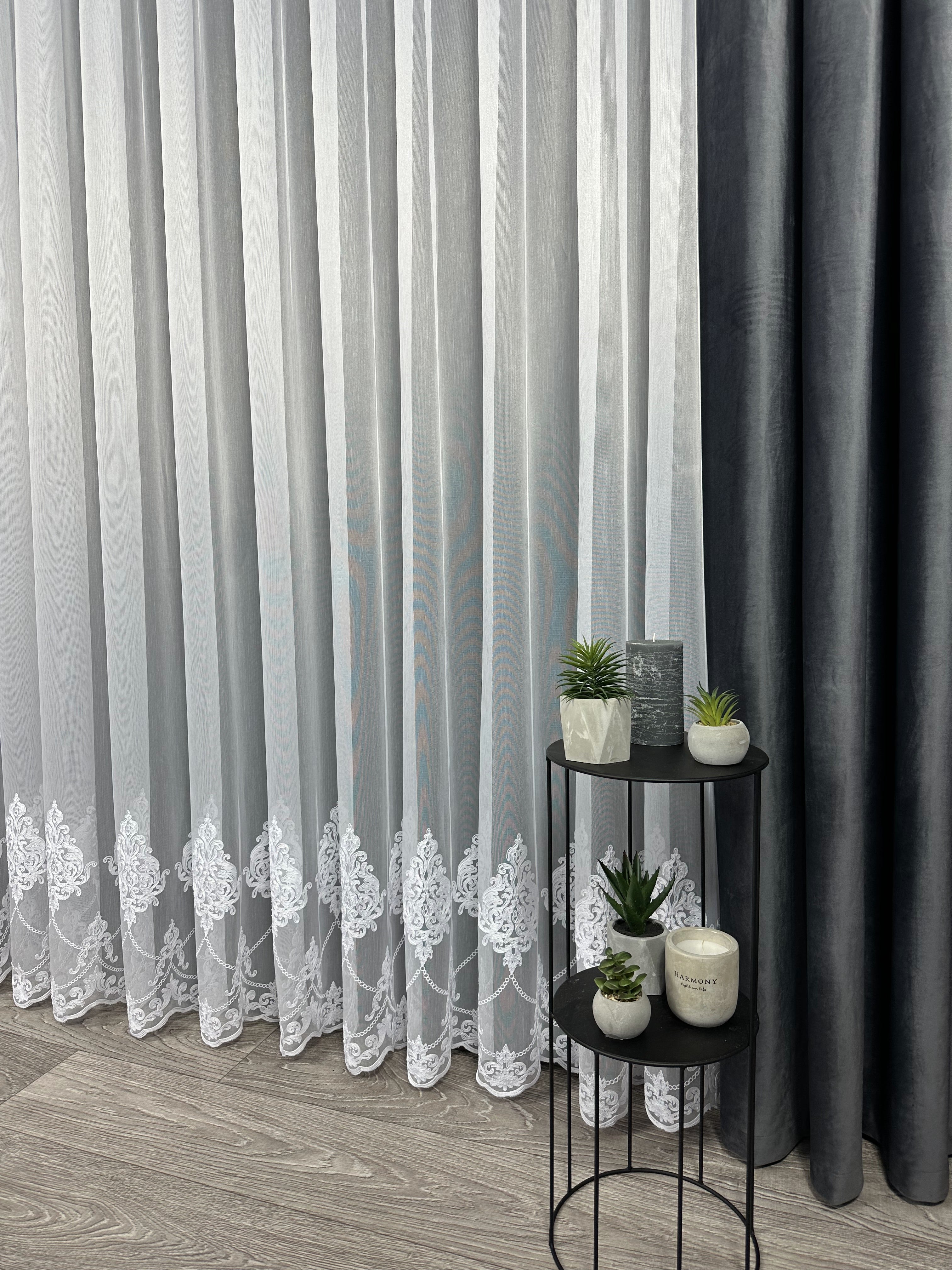 Sheer curtain with chenille embroidery on the bottom , white color