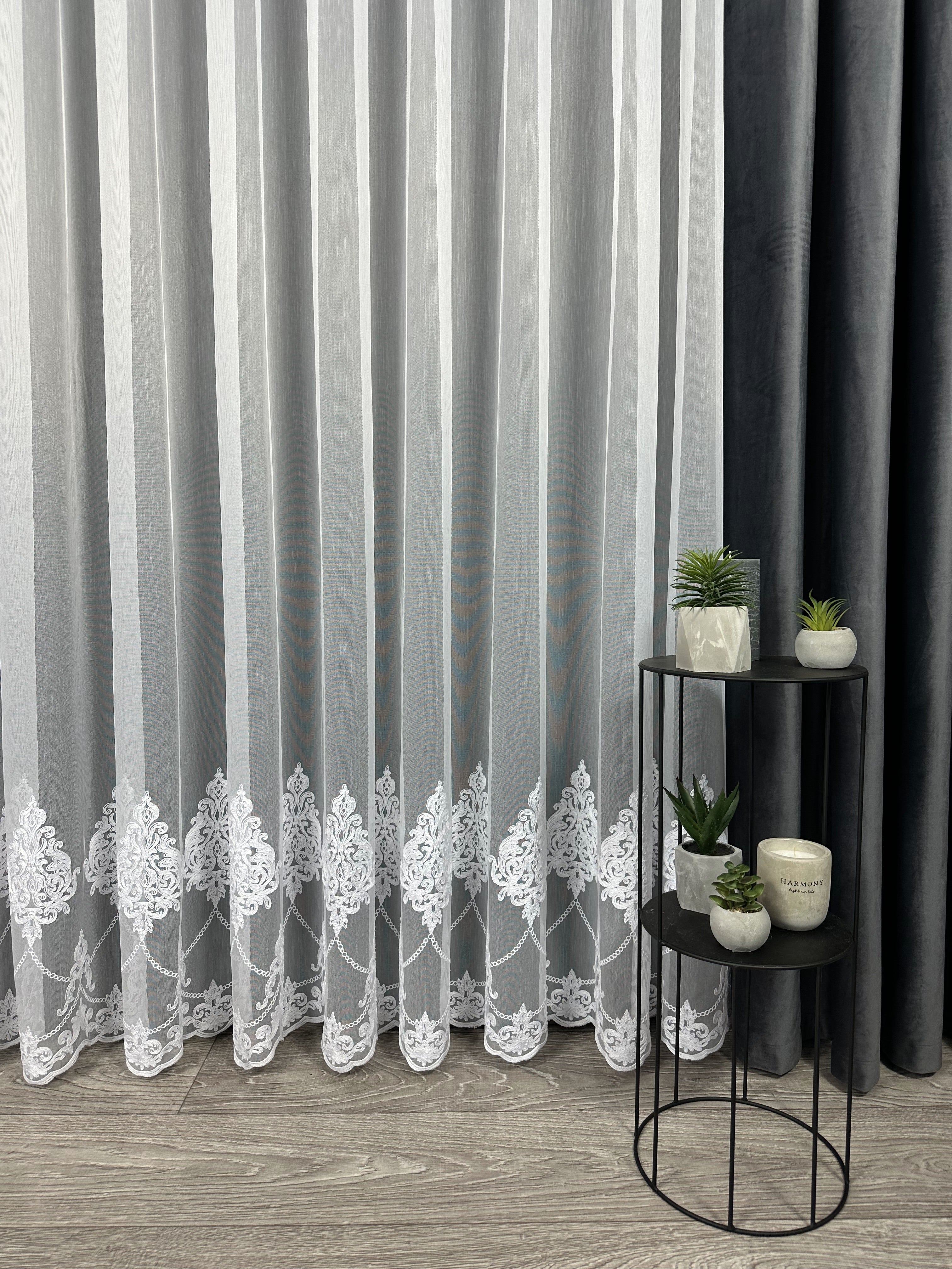 Sheer curtain with chenille embroidery on the bottom , white color