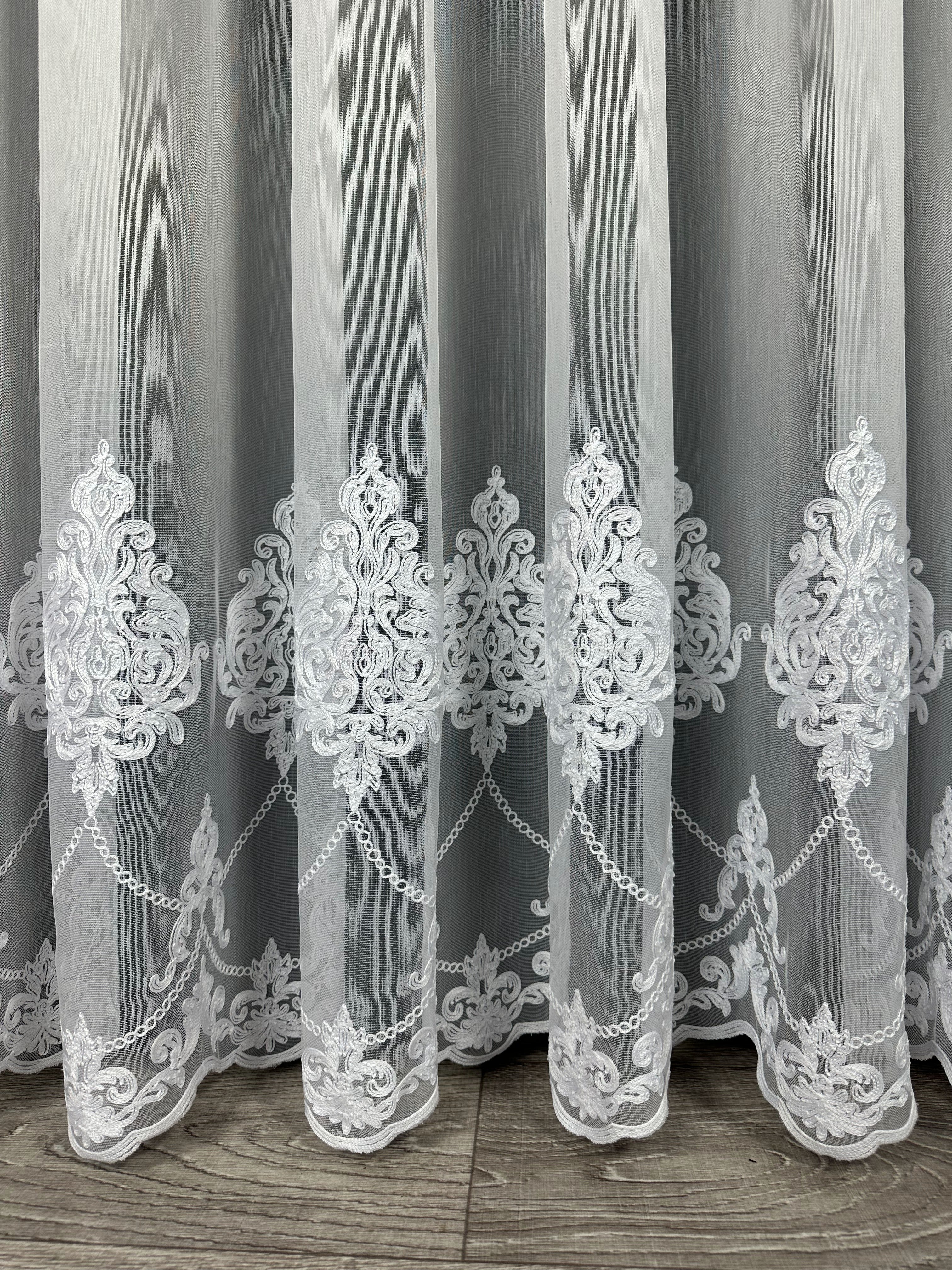 Sheer curtain with chenille embroidery on the bottom , white color