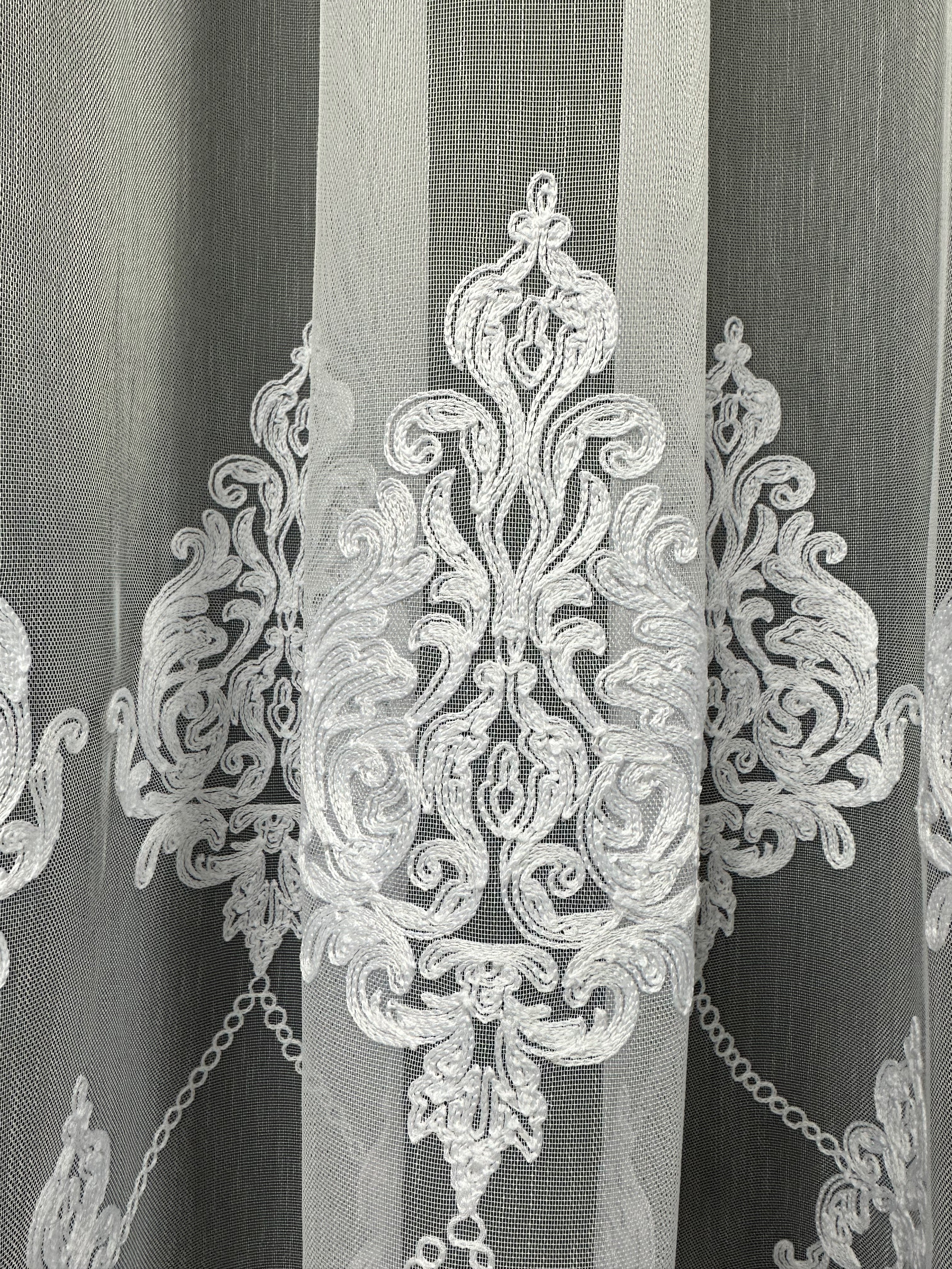 Sheer curtain with chenille embroidery on the bottom , white color