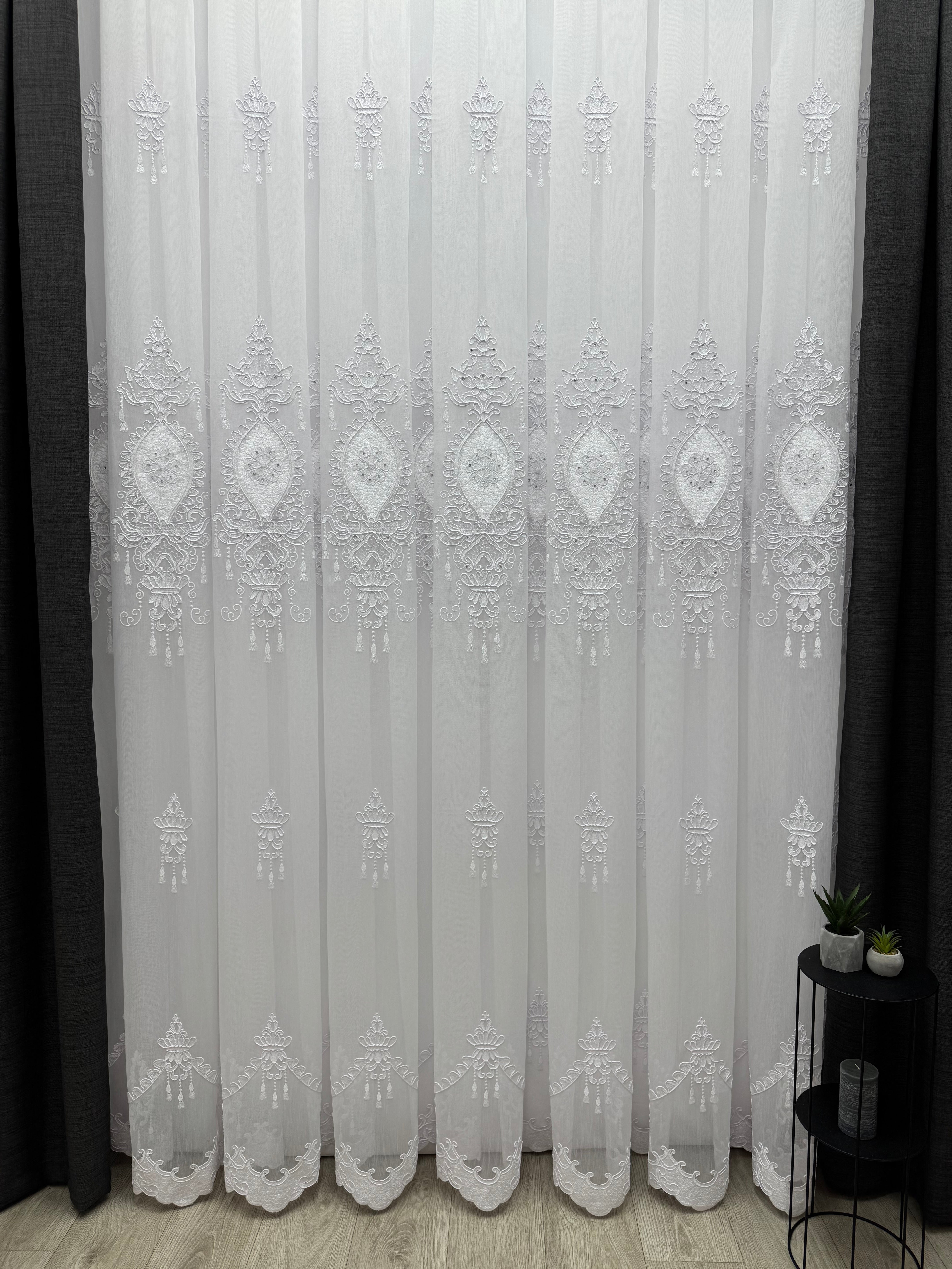 Bamboo-based tulle with embroidery, velvet inserts and gems, white color