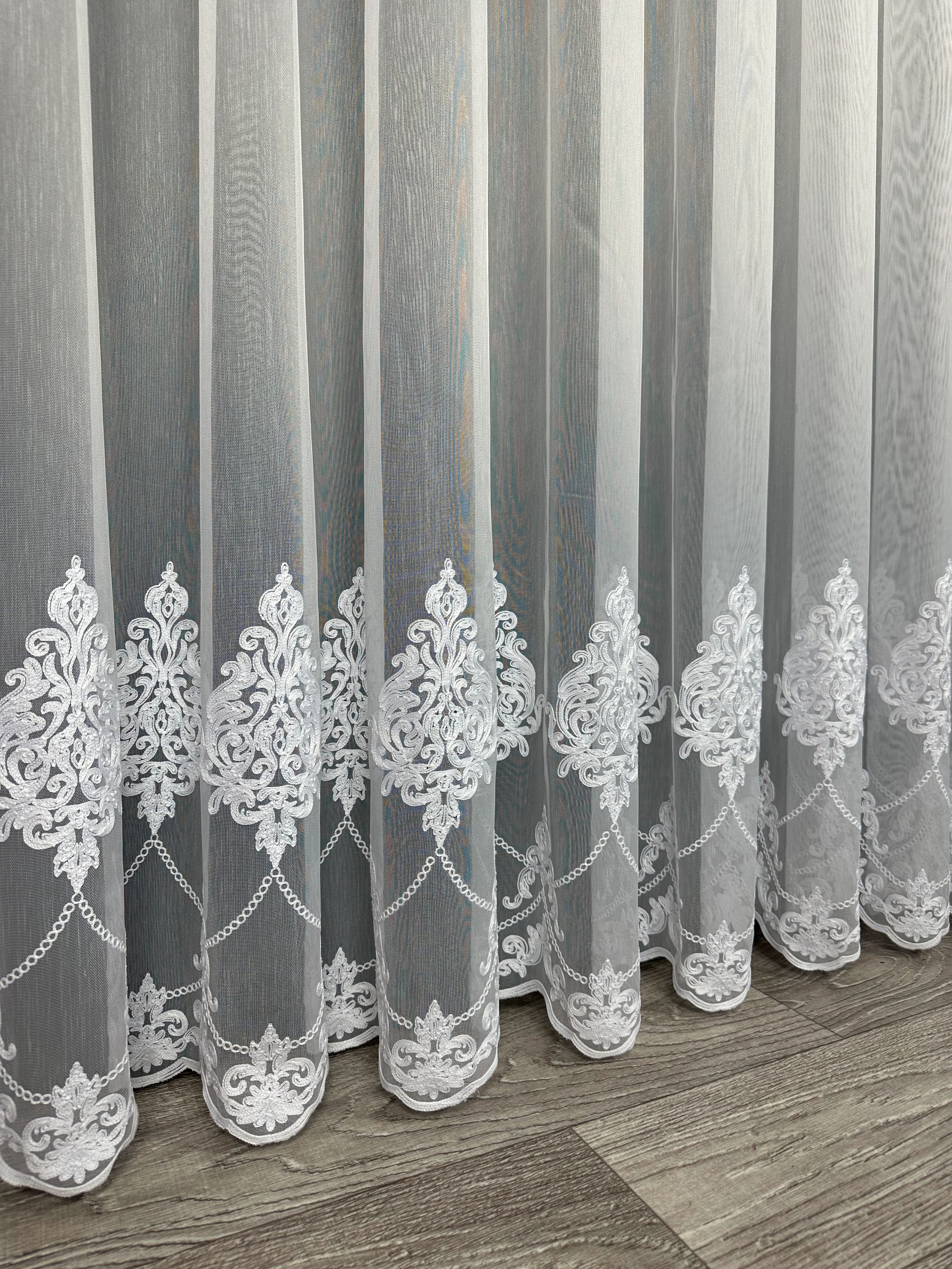 Sheer curtain with chenille embroidery on the bottom , white color