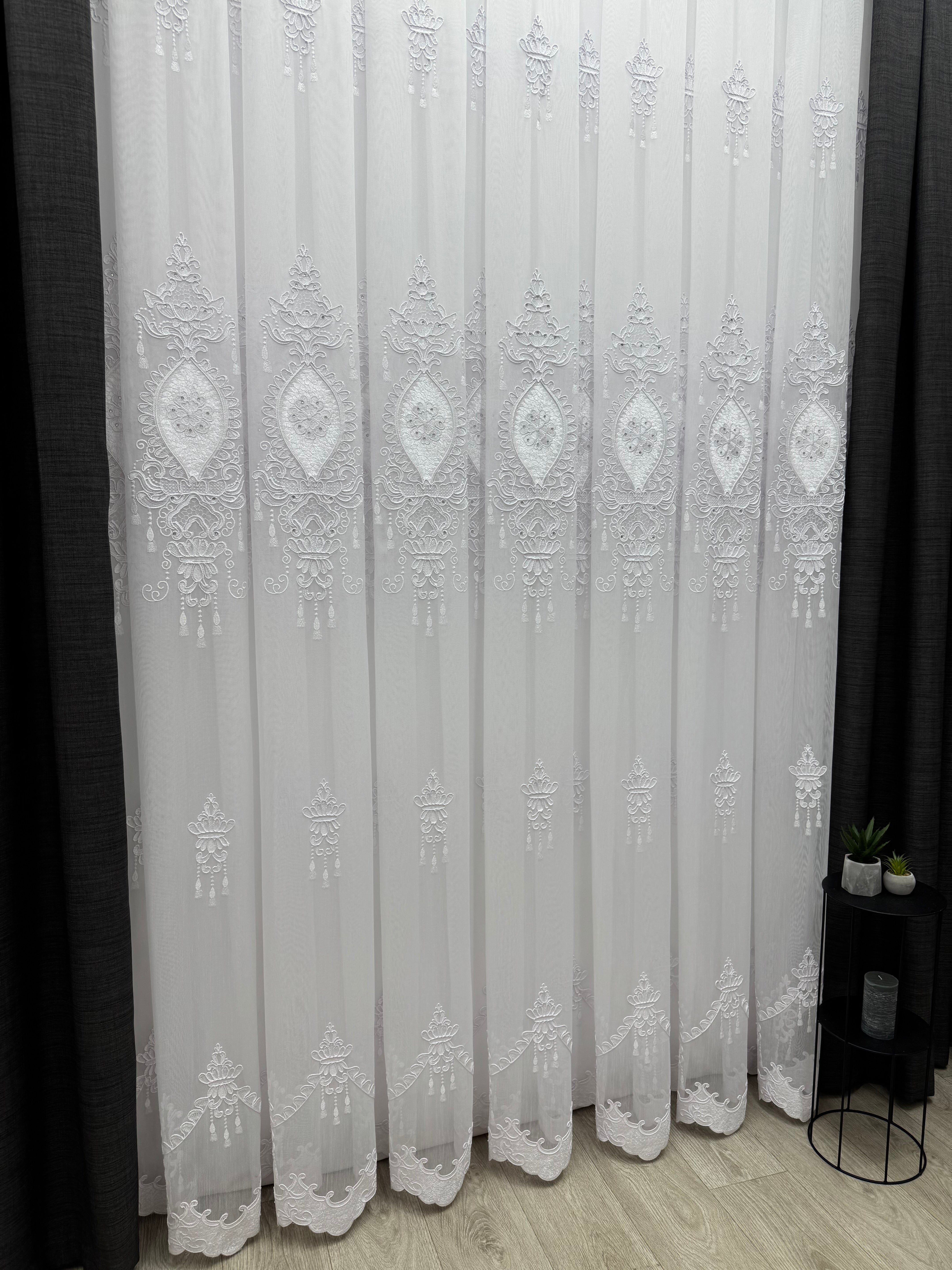 Bamboo-based tulle with embroidery, velvet inserts and gems, white color