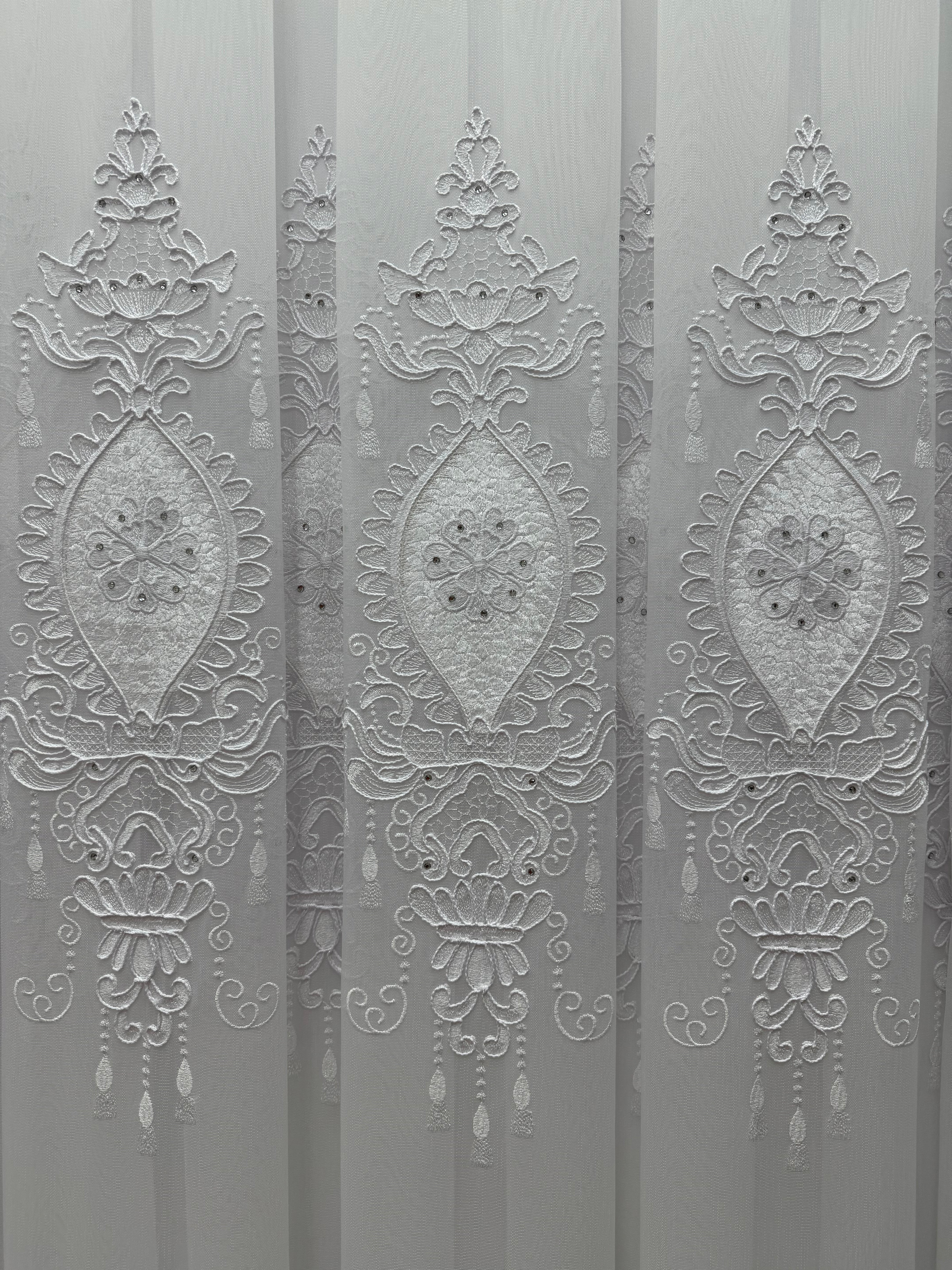 Bamboo-based tulle with embroidery, velvet inserts and gems, white color