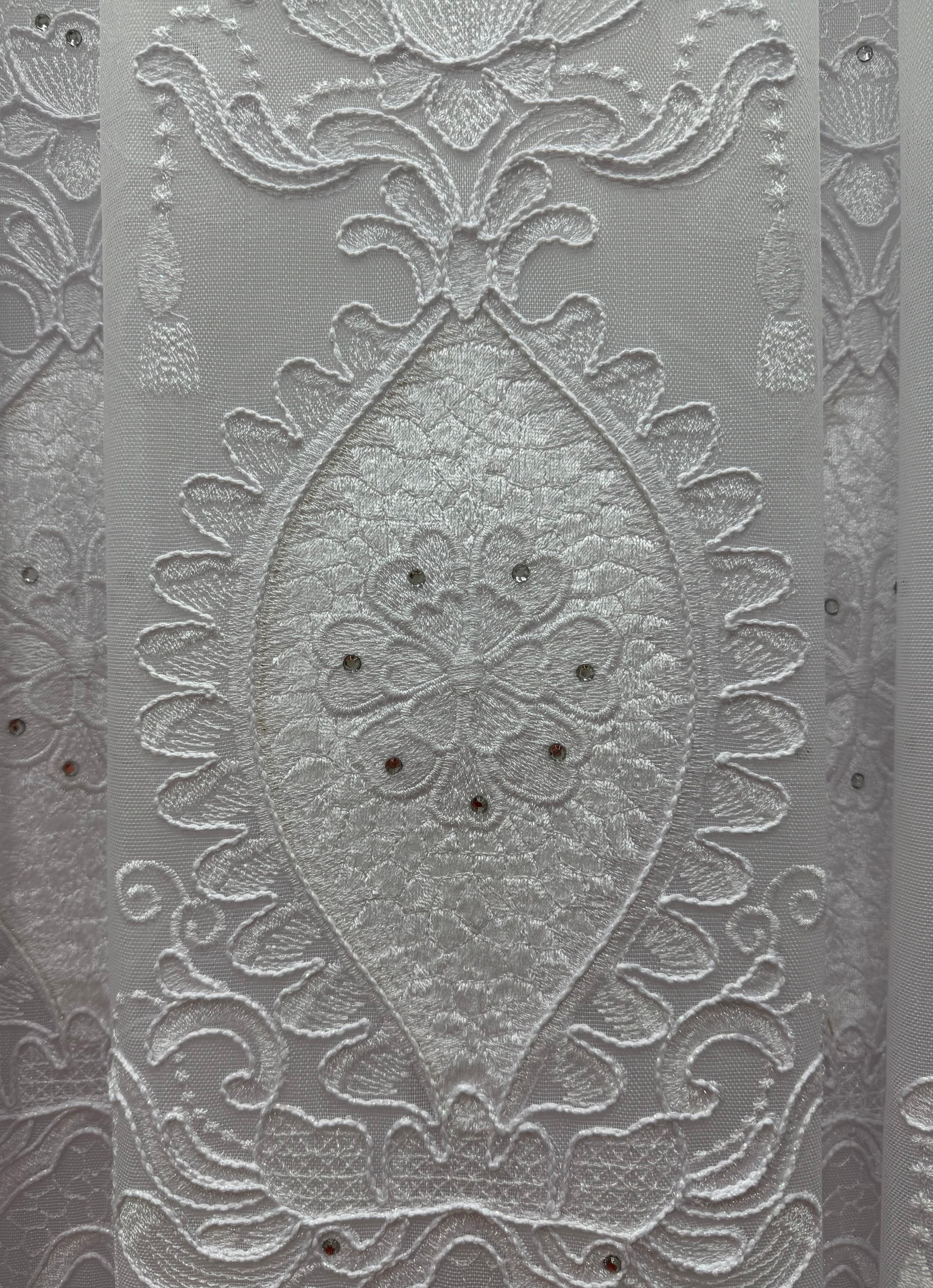 Bamboo-based tulle with embroidery, velvet inserts and gems, white color