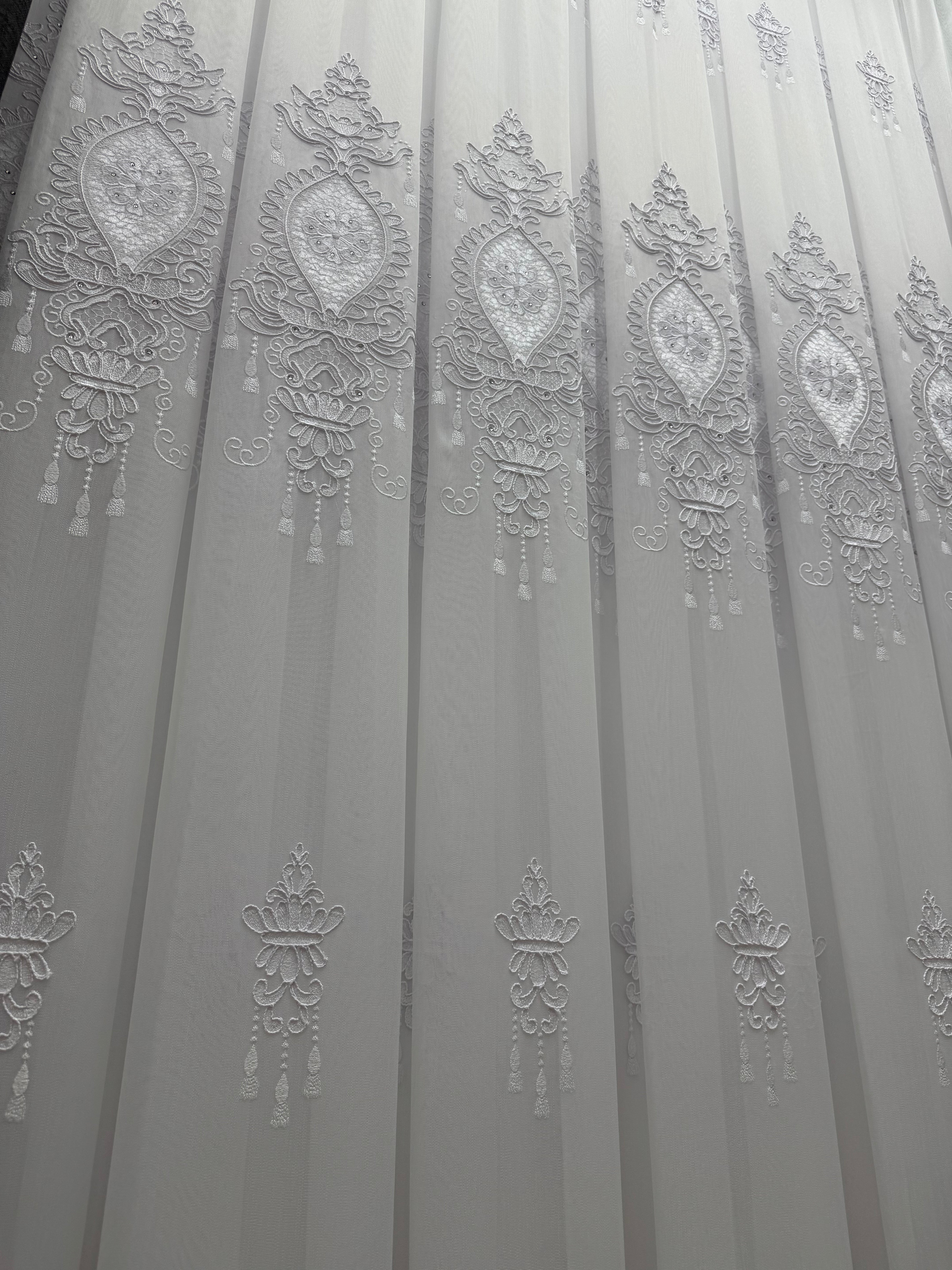 Bamboo-based tulle with embroidery, velvet inserts and gems, white color