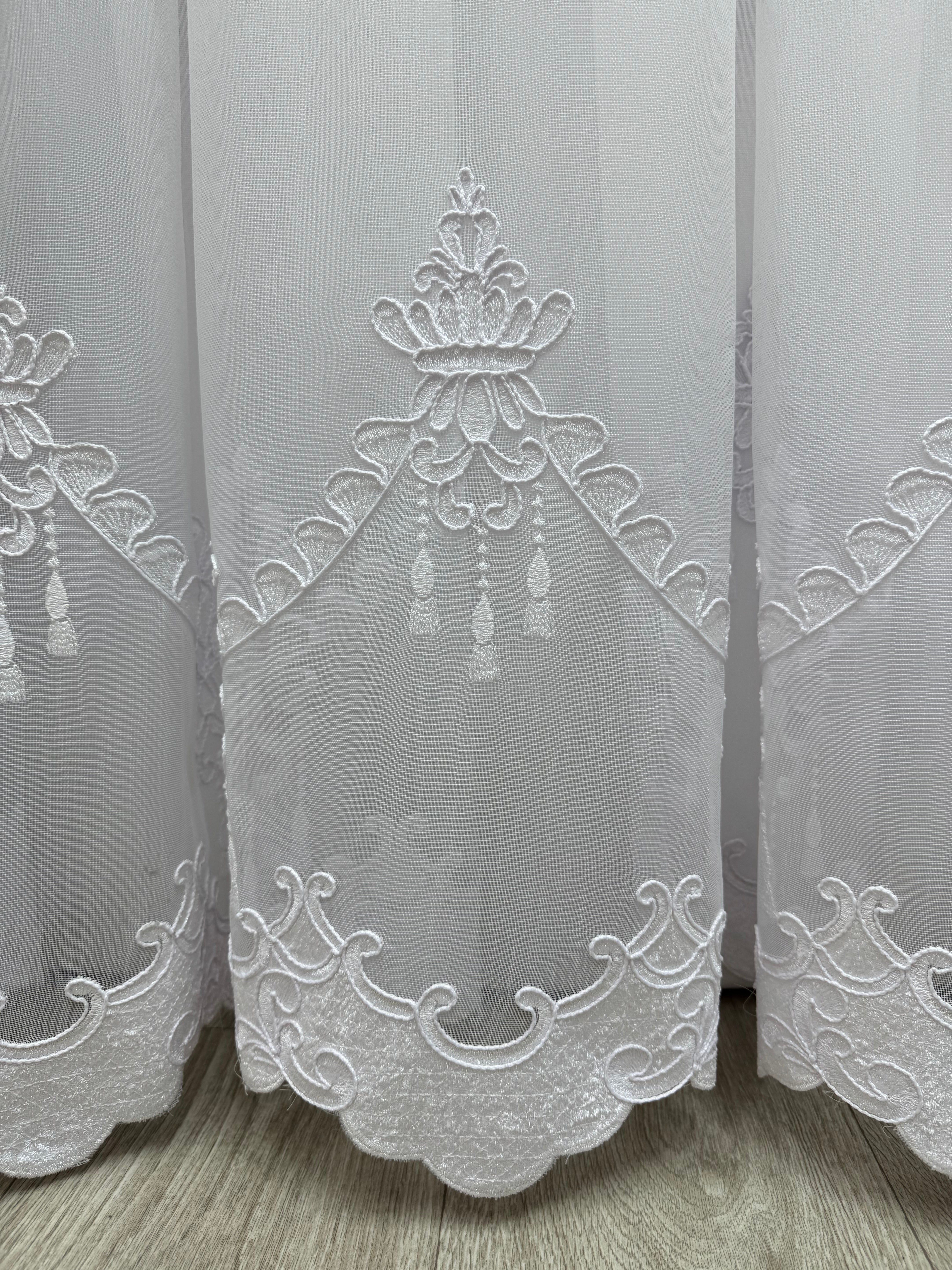 Bamboo-based tulle with embroidery, velvet inserts and gems, white color