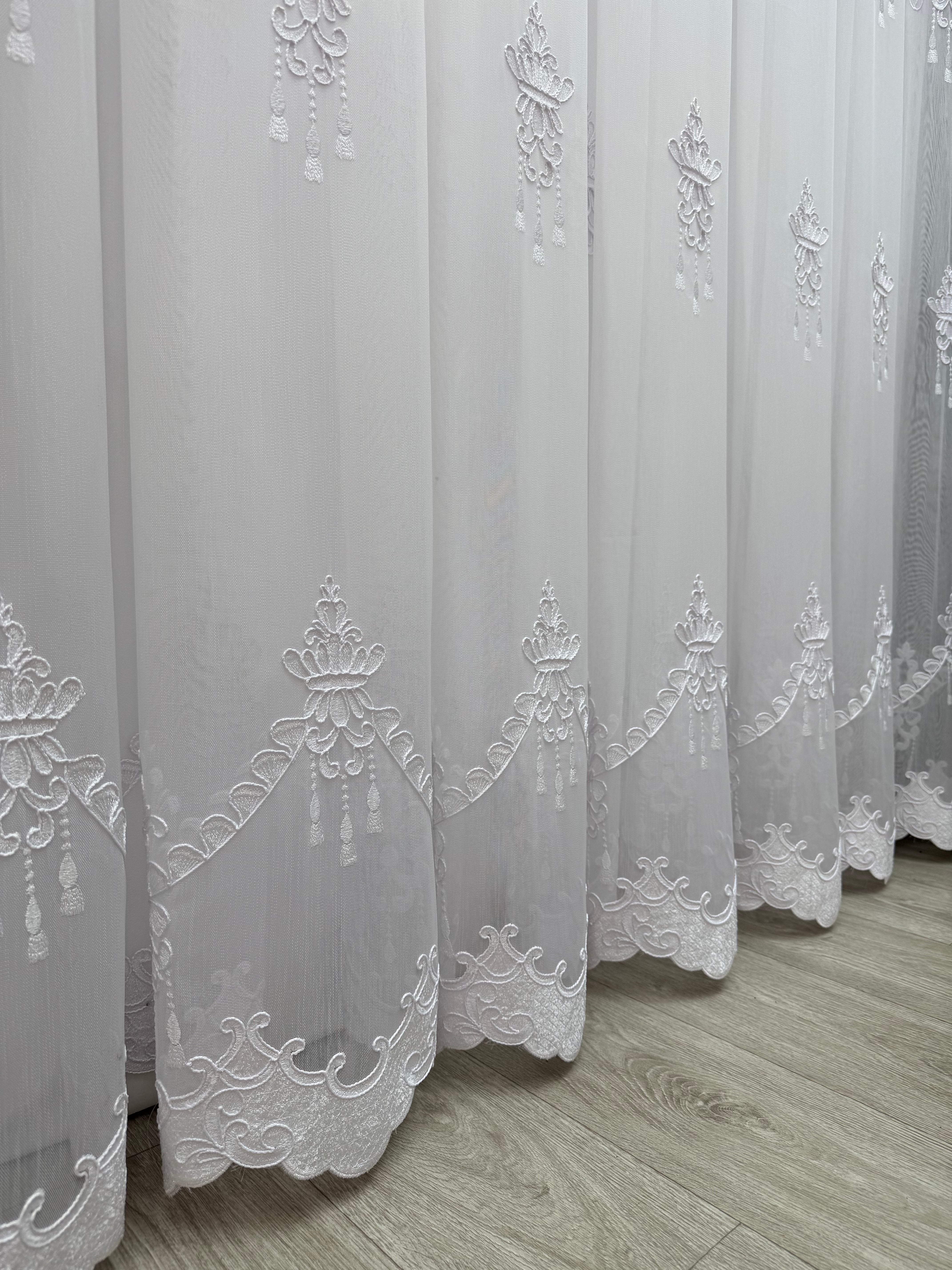 Bamboo-based tulle with embroidery, velvet inserts and gems, white color