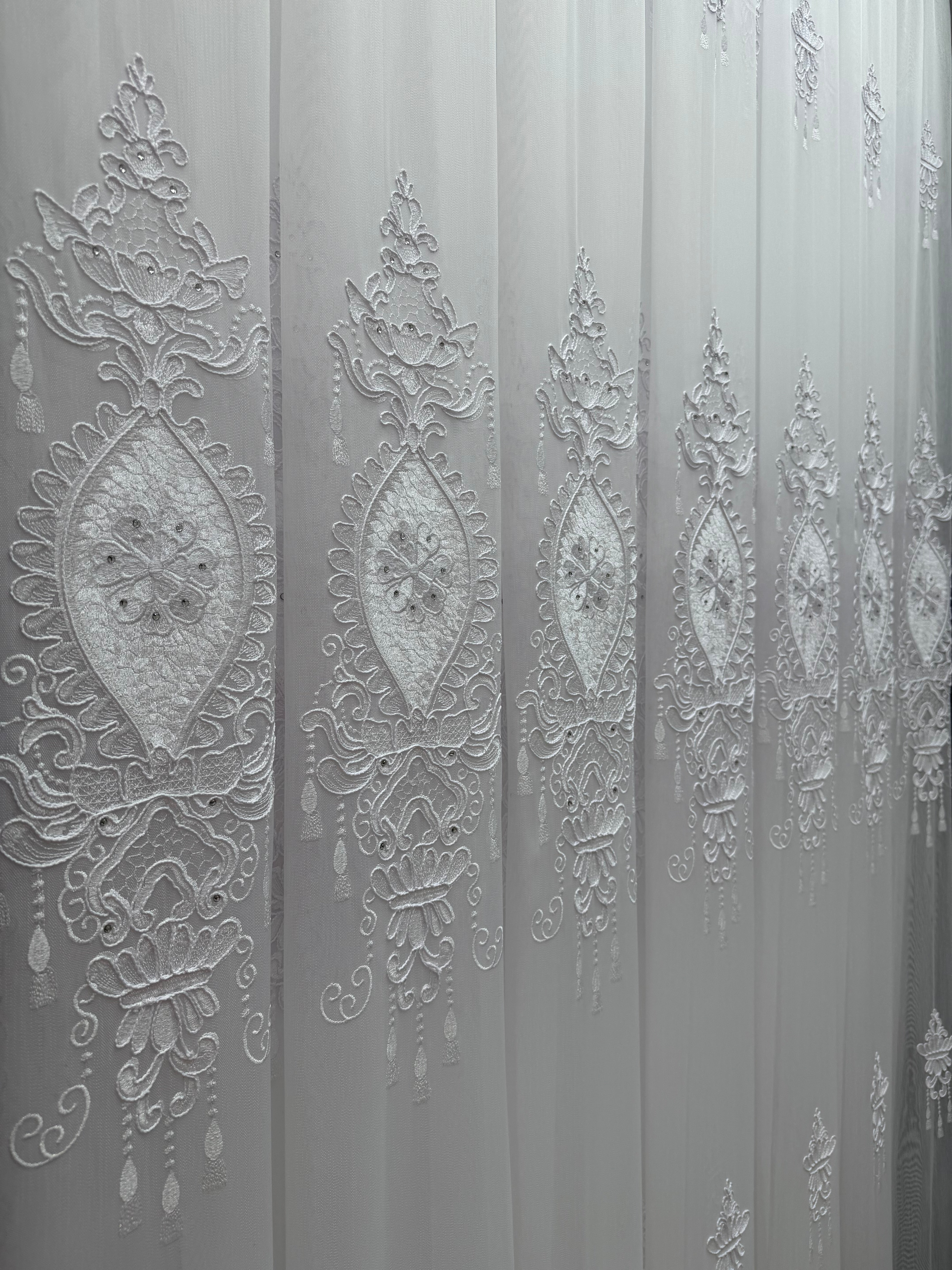 Bamboo-based tulle with embroidery, velvet inserts and gems, white color