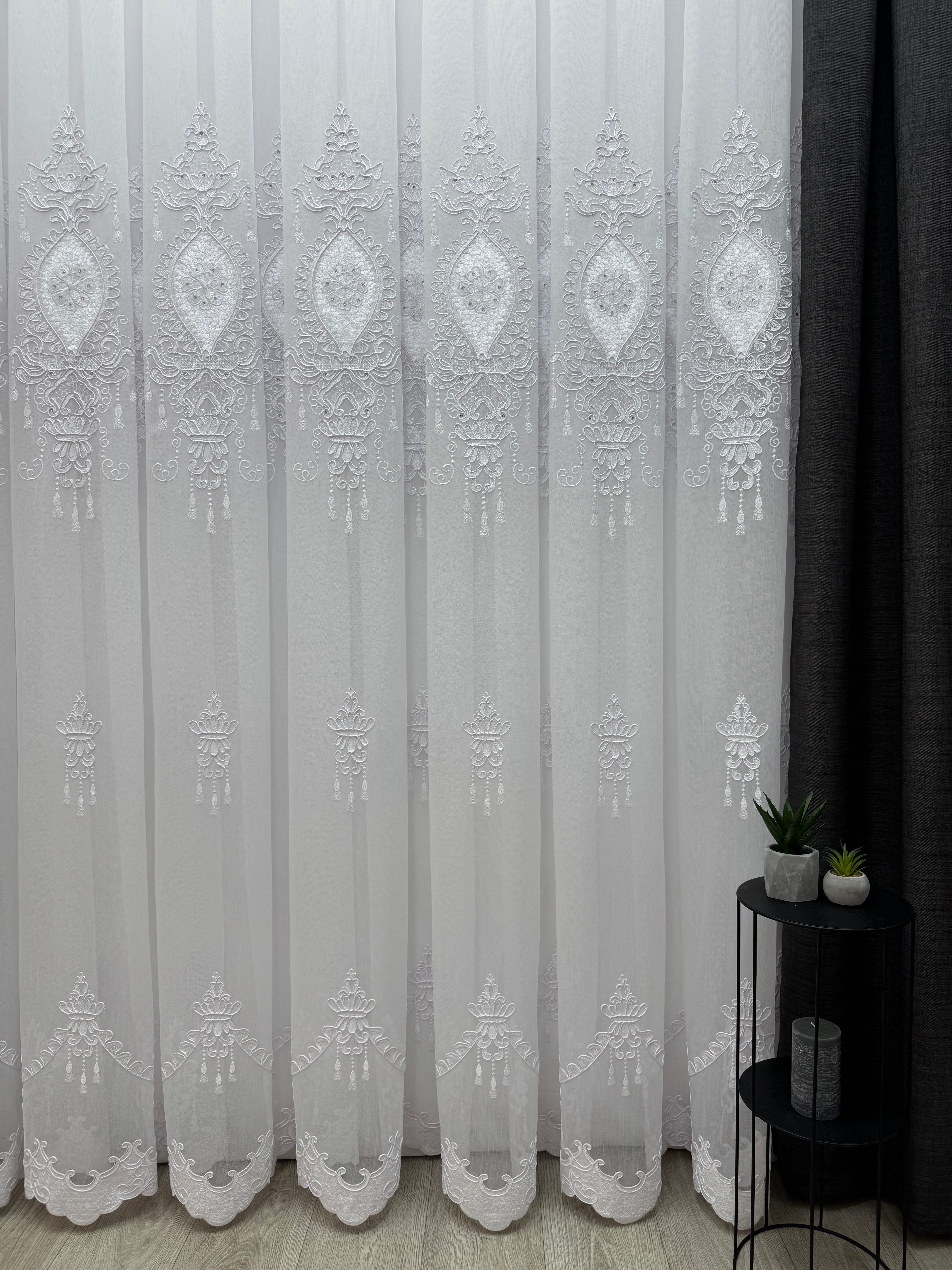 Bamboo-based tulle with embroidery, velvet inserts and gems, white color