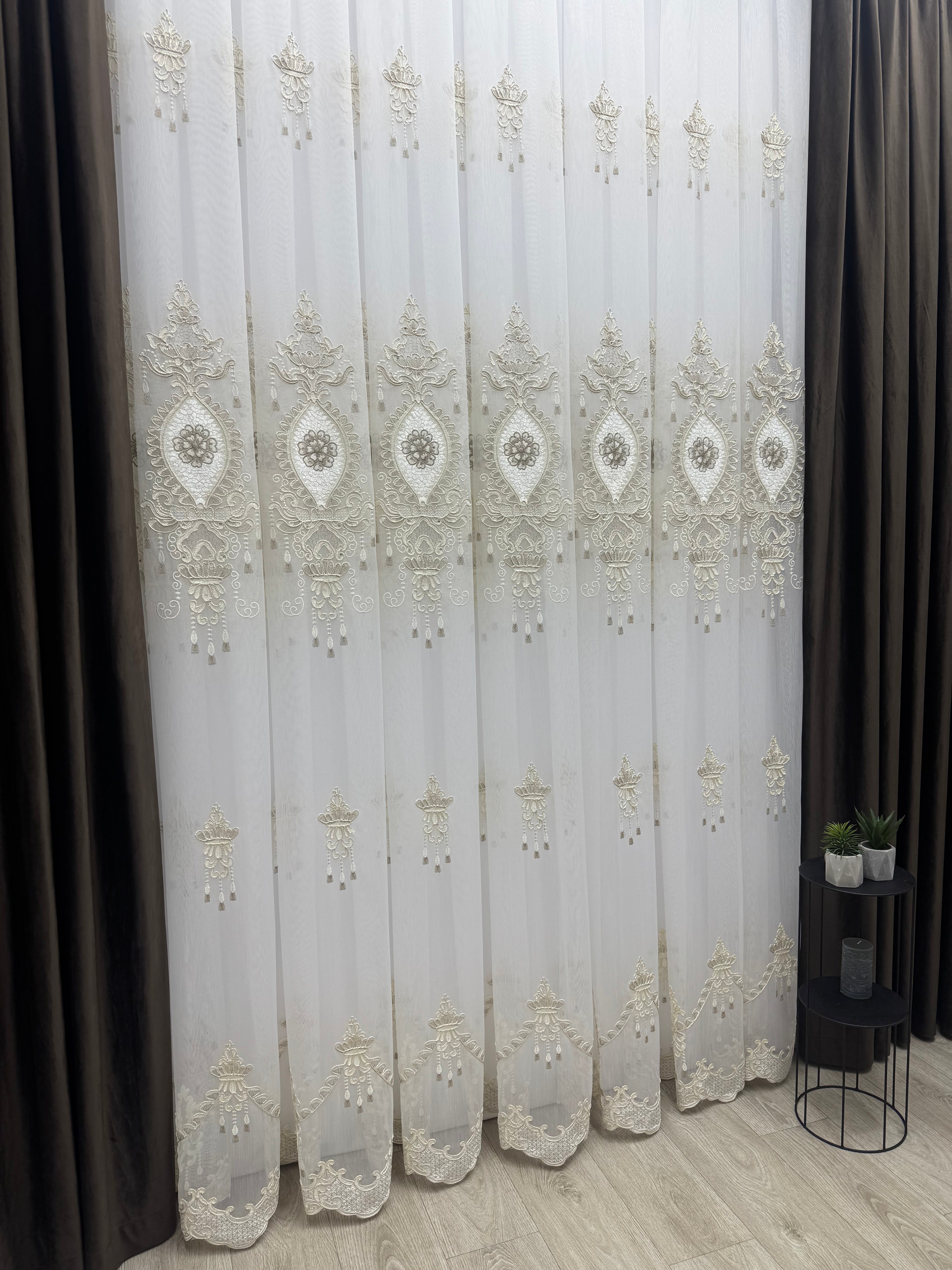 Bamboo-based tulle with embroidery, velvet inserts and gems, brown/gold color