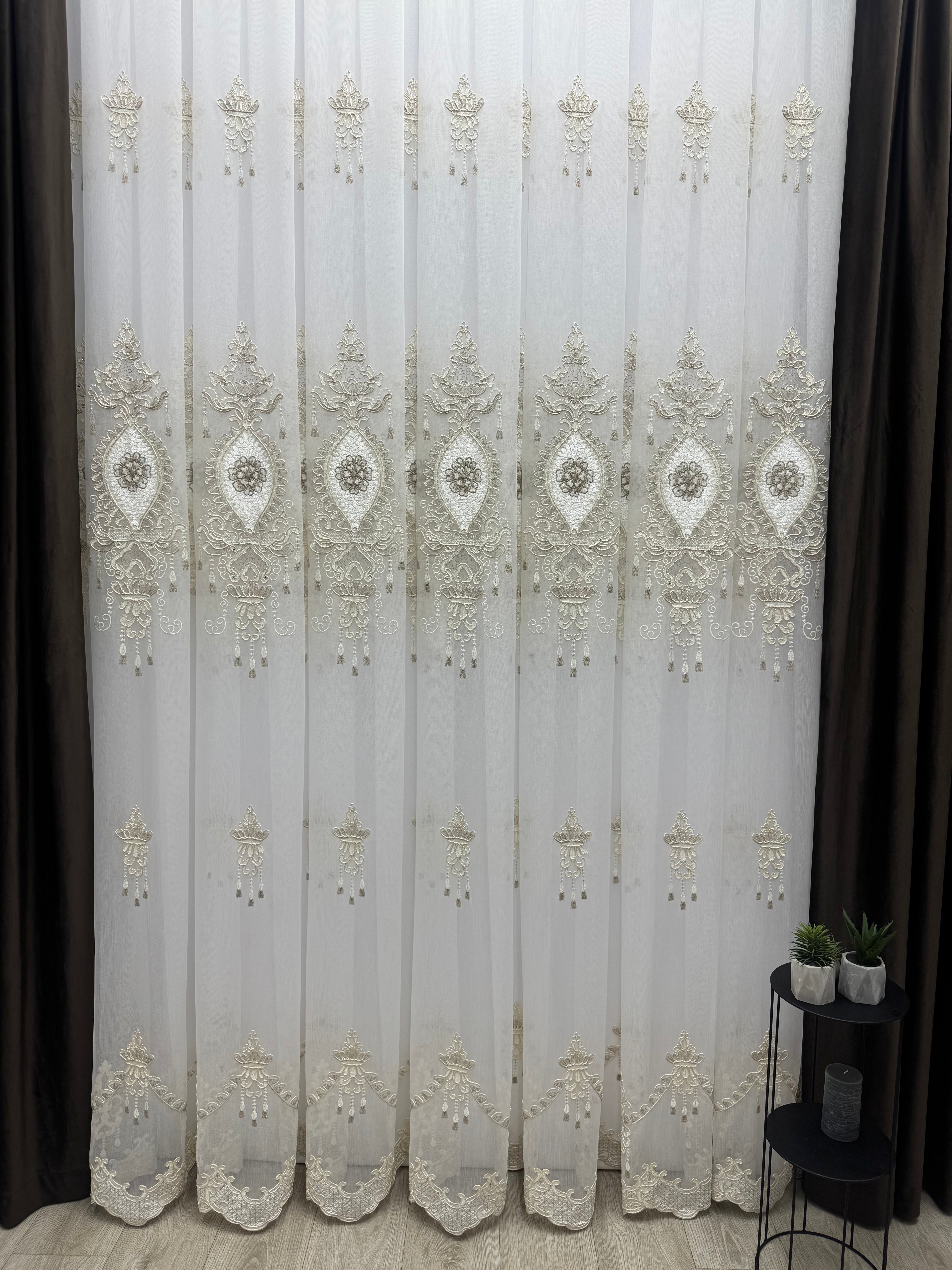 Bamboo-based tulle with embroidery, velvet inserts and gems, brown/gold color