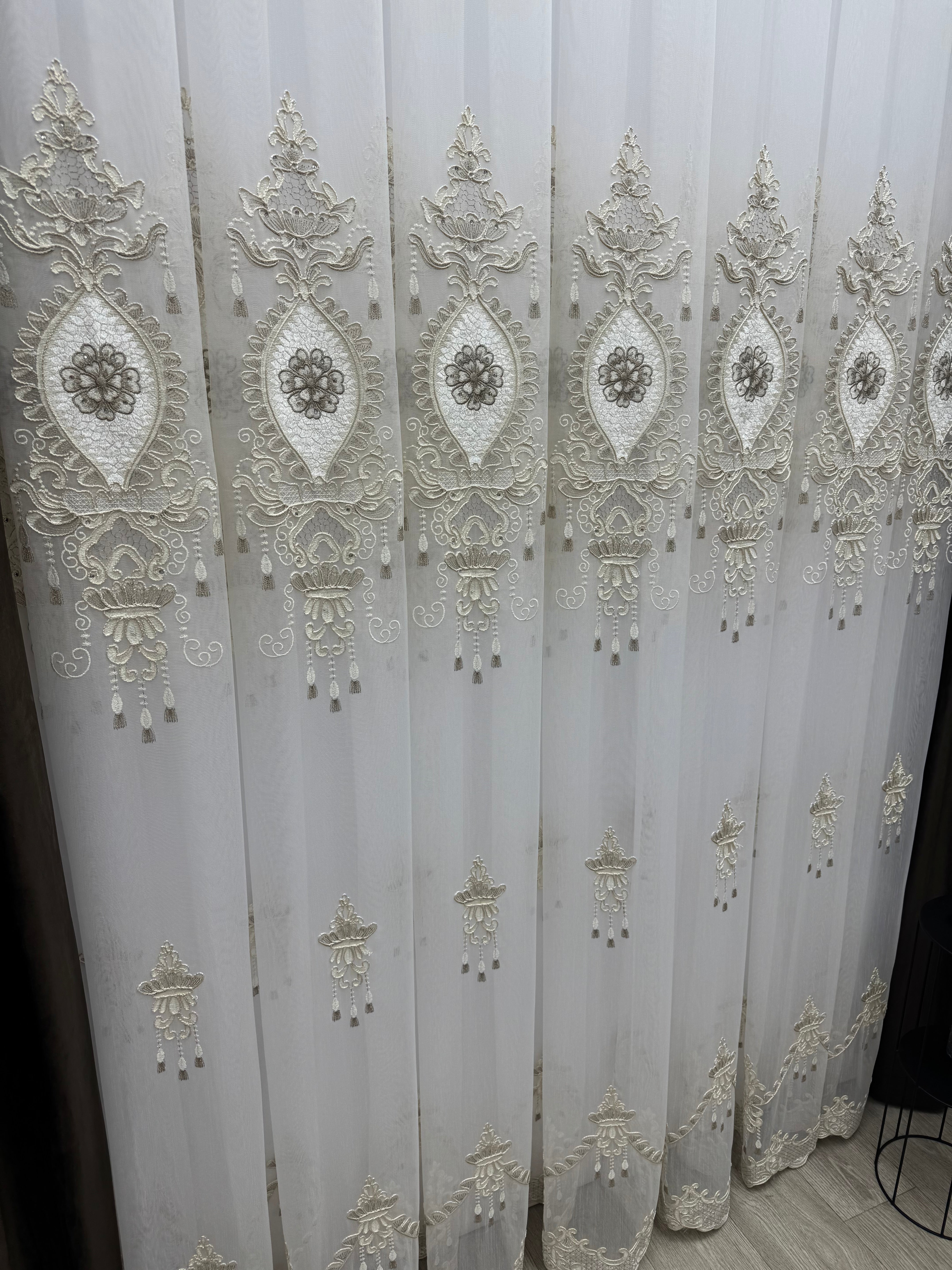 Bamboo-based tulle with embroidery, velvet inserts and gems, brown/gold color