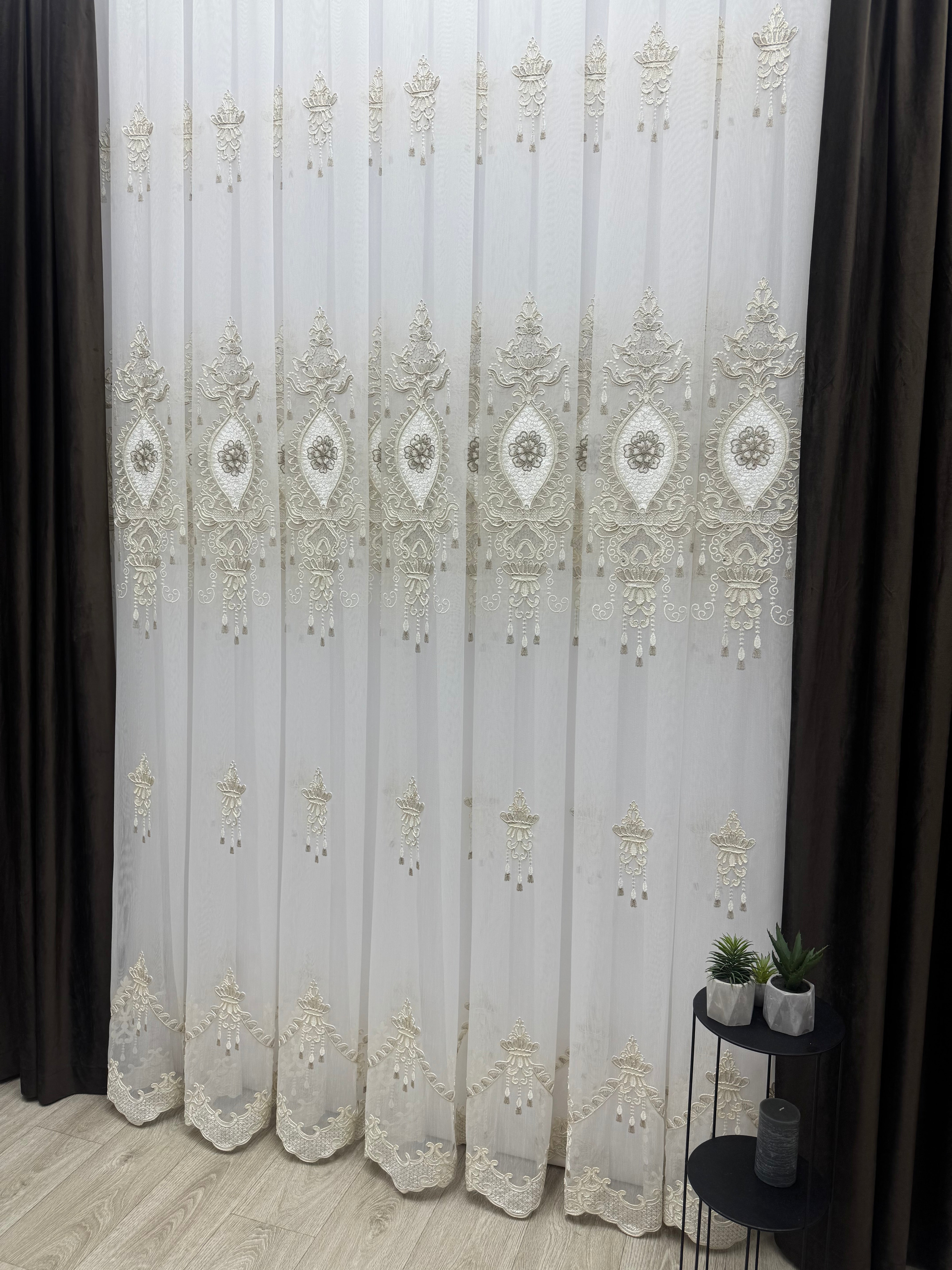 Bamboo-based tulle with embroidery, velvet inserts and gems, brown/gold color