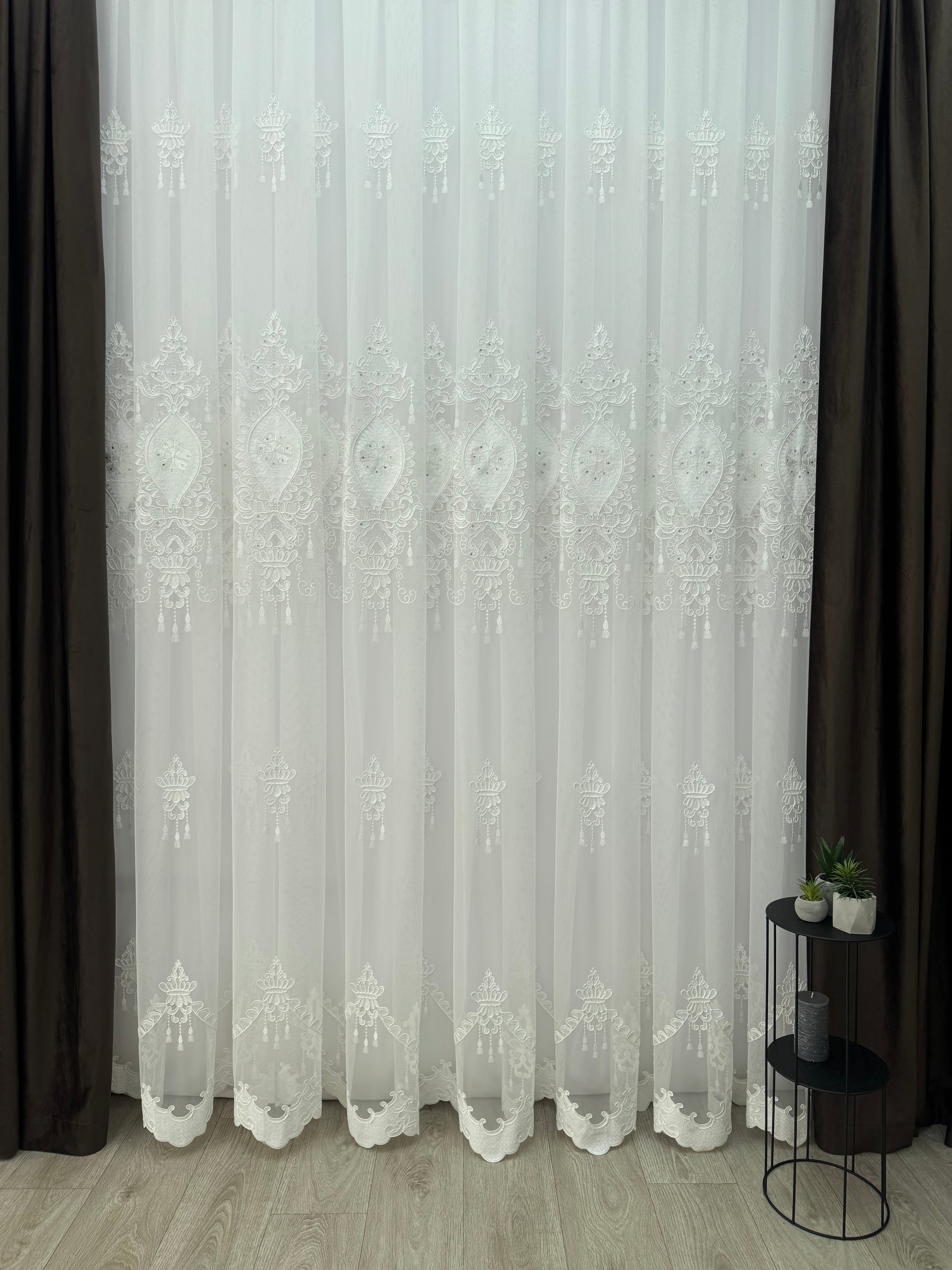Bamboo-based tulle with embroidery, velvet inserts and gems, milk color