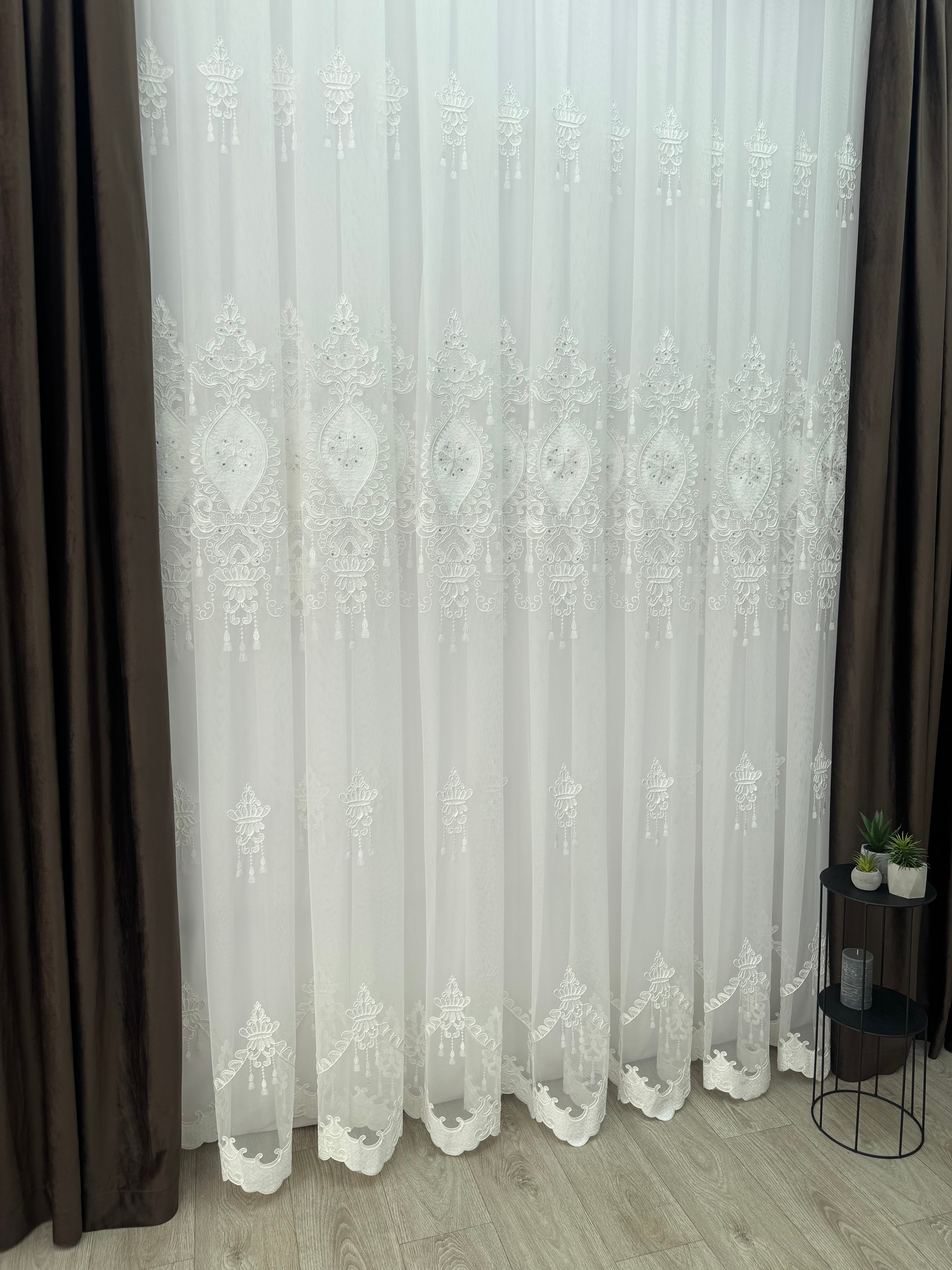 Bamboo-based tulle with embroidery, velvet inserts and gems, milk color