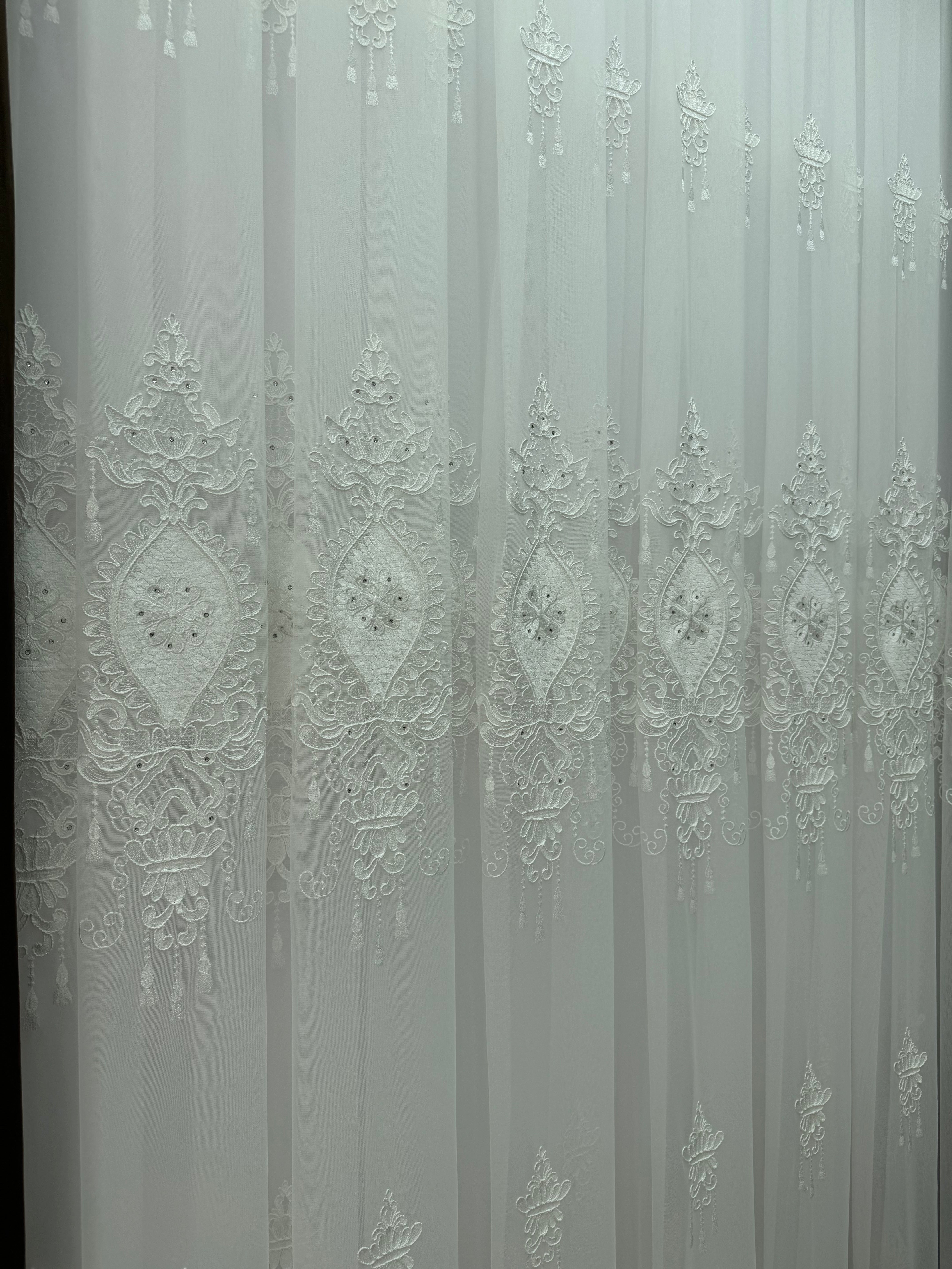 Bamboo-based tulle with embroidery, velvet inserts and gems, milk color