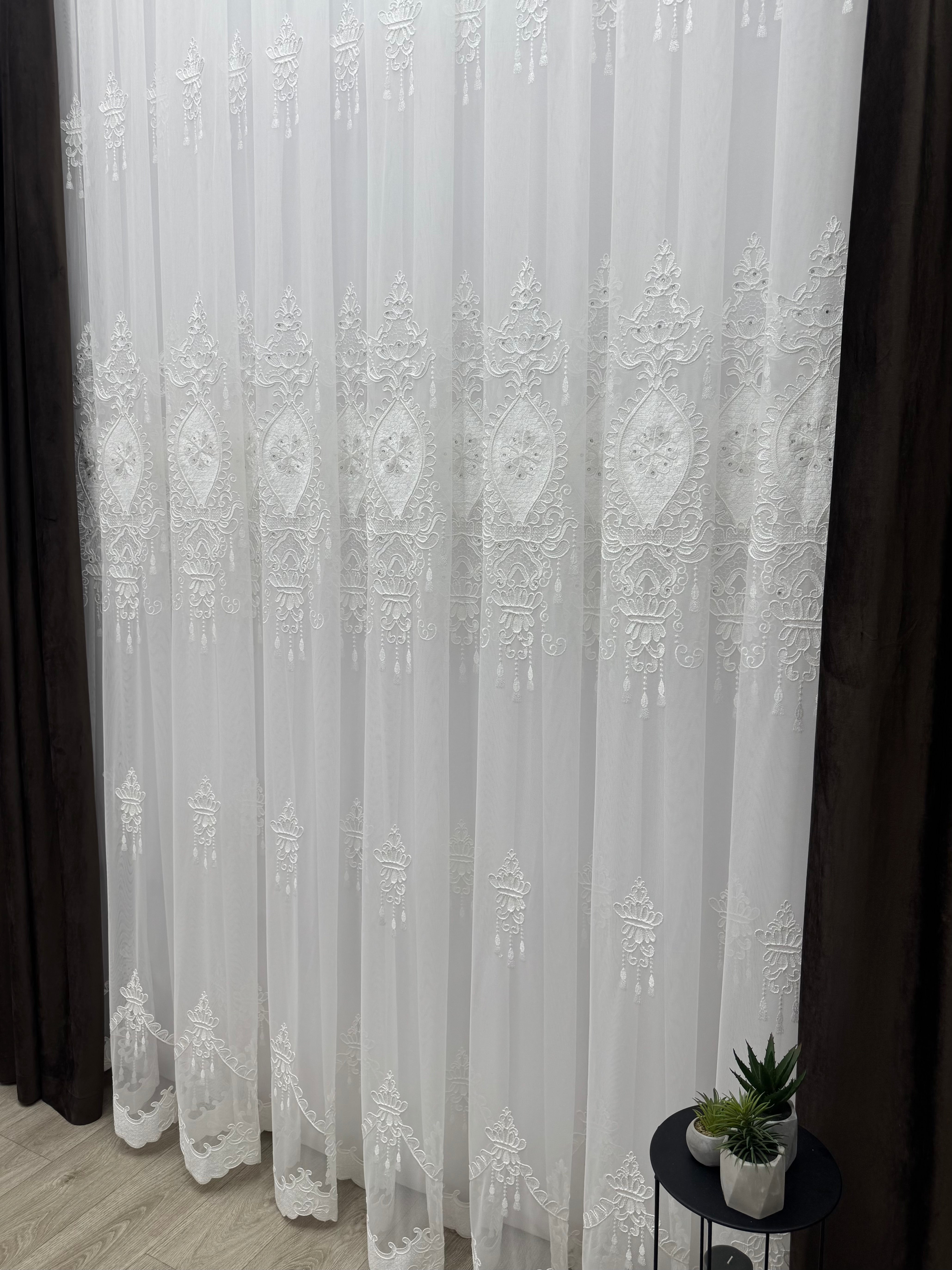 Bamboo-based tulle with embroidery, velvet inserts and gems, milk color
