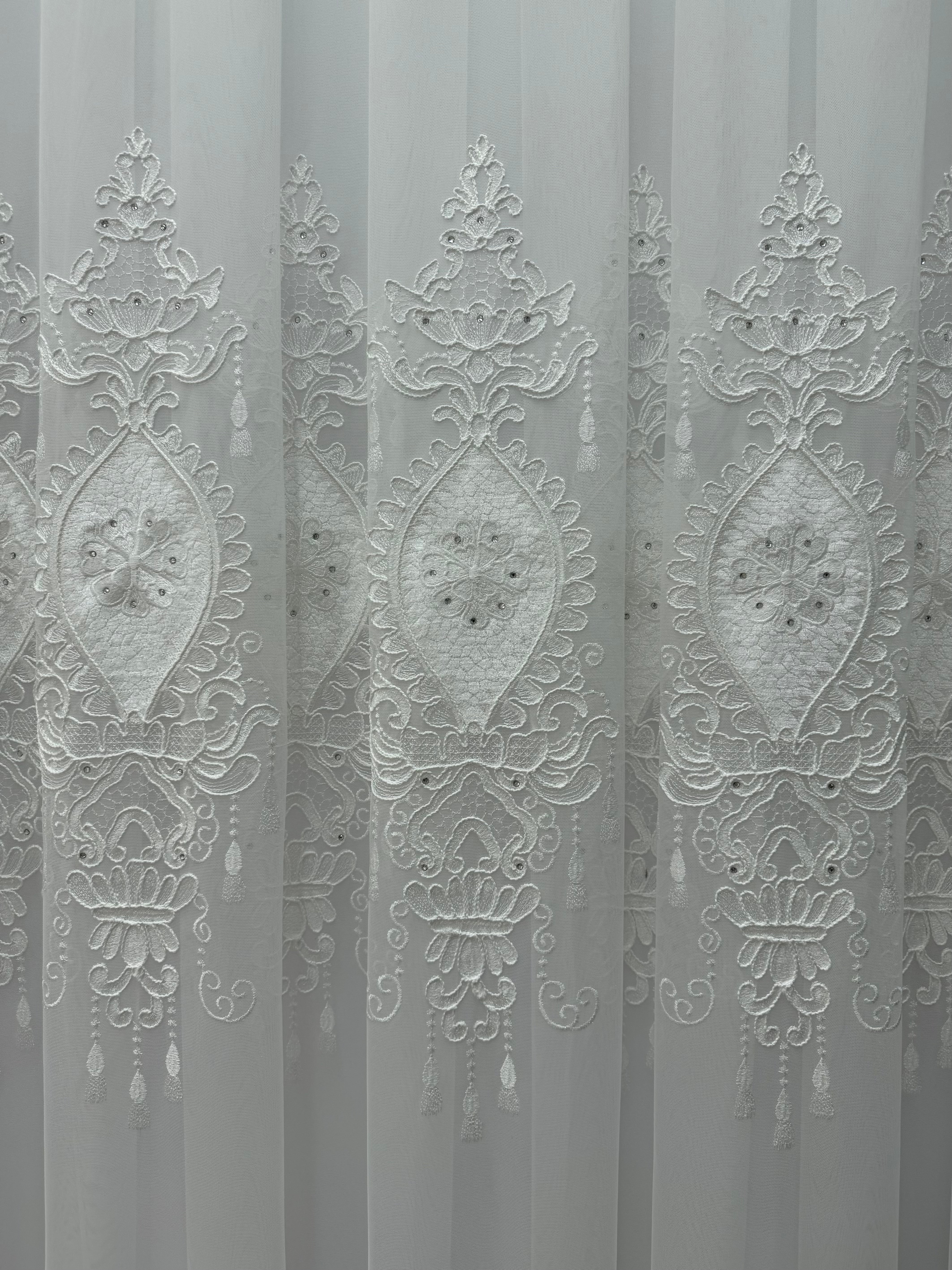 Bamboo-based tulle with embroidery, velvet inserts and gems, milk color