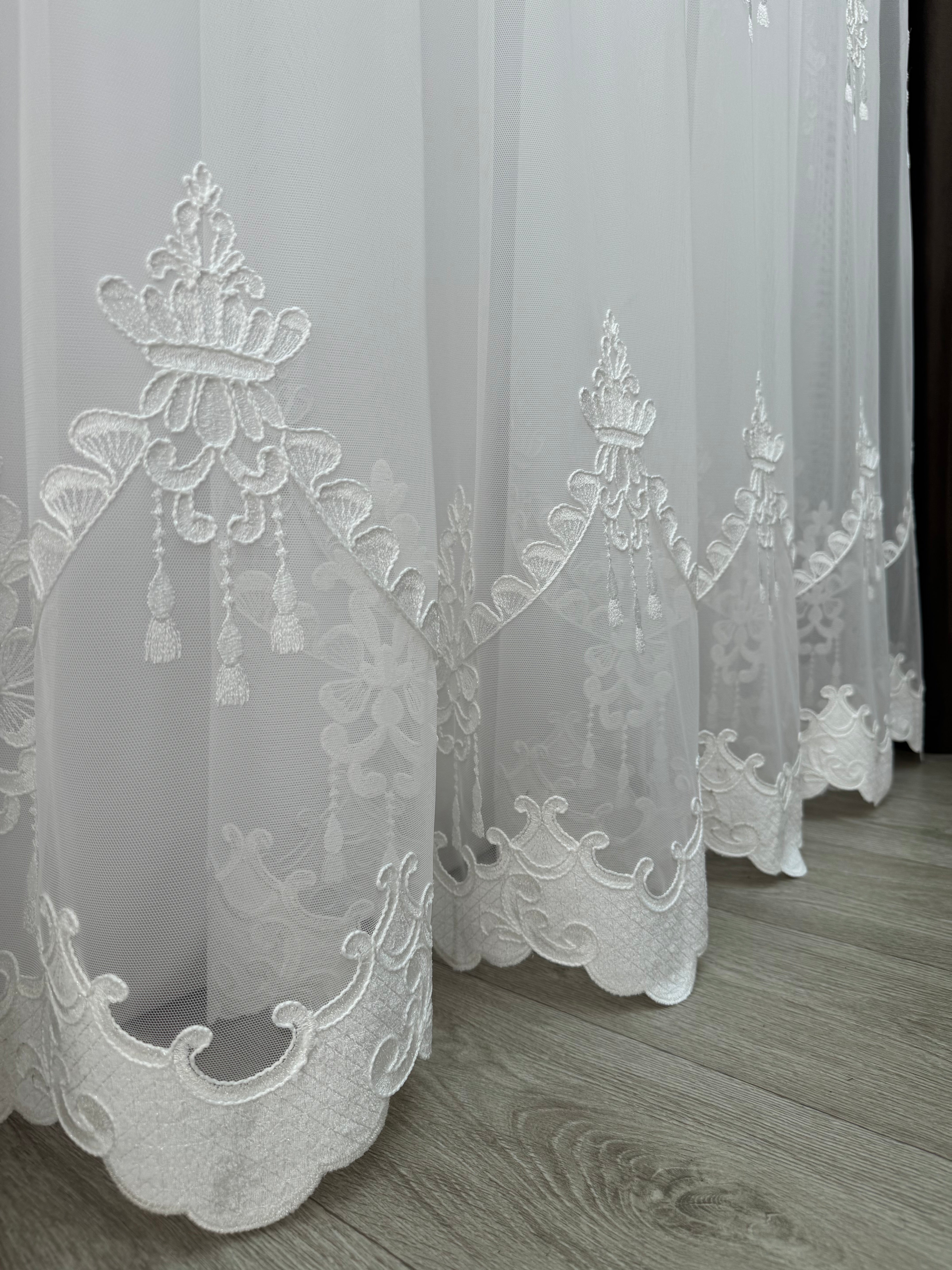Bamboo-based tulle with embroidery, velvet inserts and gems, milk color